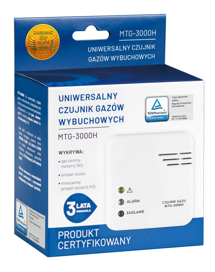 Zapakowany uniwersalny detektor gazów wybuchowych. Ma biały przód ze światłami i etykietą.