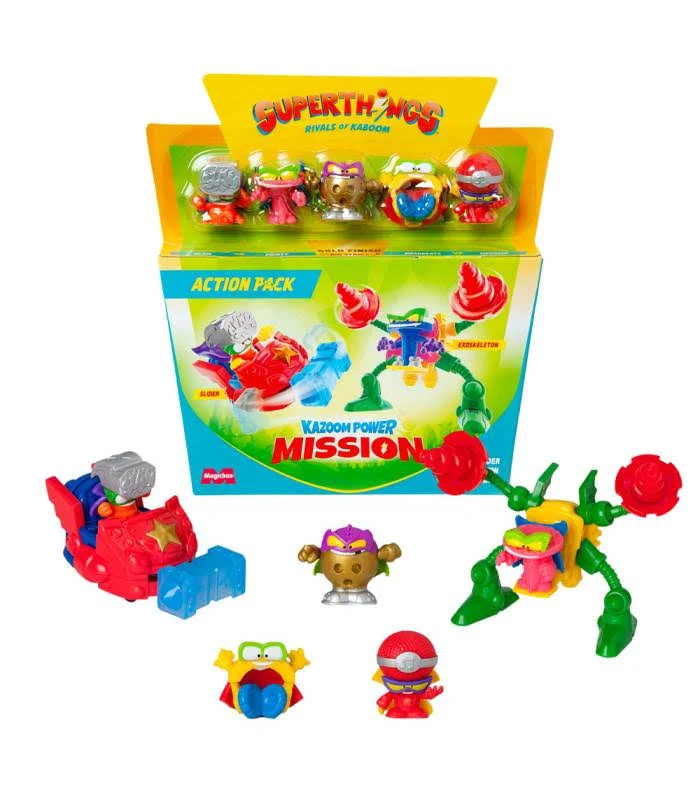 Caja de juguetes con figuras de acción coloridas. Caja tiene texto 'SuperThings' y 'Action Pack'.