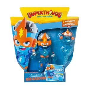 Un juego de juguetes SuperThings en caja con una figura de superhéroe azul y naranja.