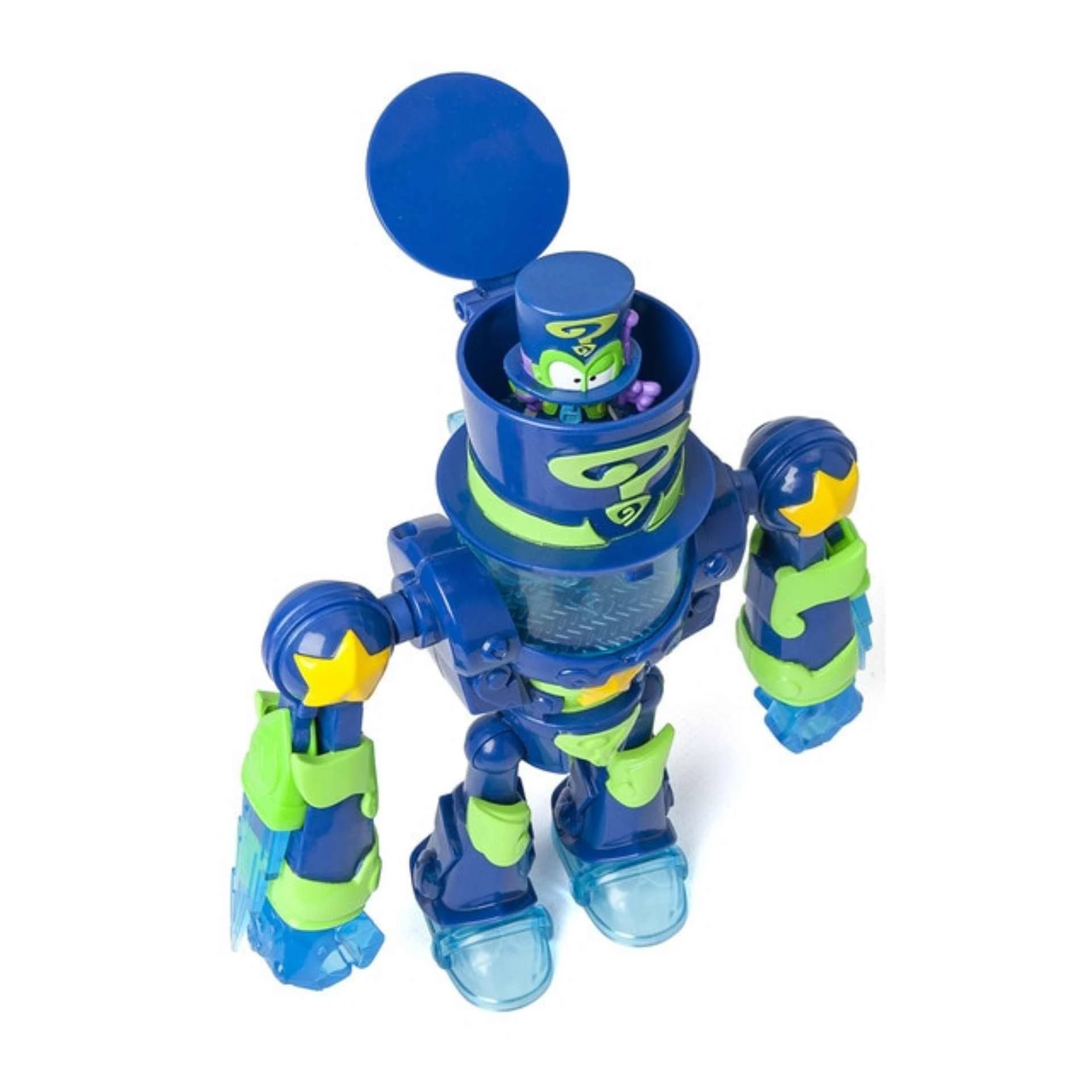 Un juguete de robot azul y verde con una pequeña figura dentro.