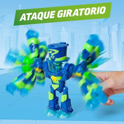 Un robot de juguete en acción, con brazos giratorios, etiquetado como 'ATAQUE GIRATORIO'.