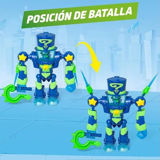 Dos juguetes de robots; uno con los brazos extendidos, el otro con los brazos abajo. Ambos son azules y verdes.