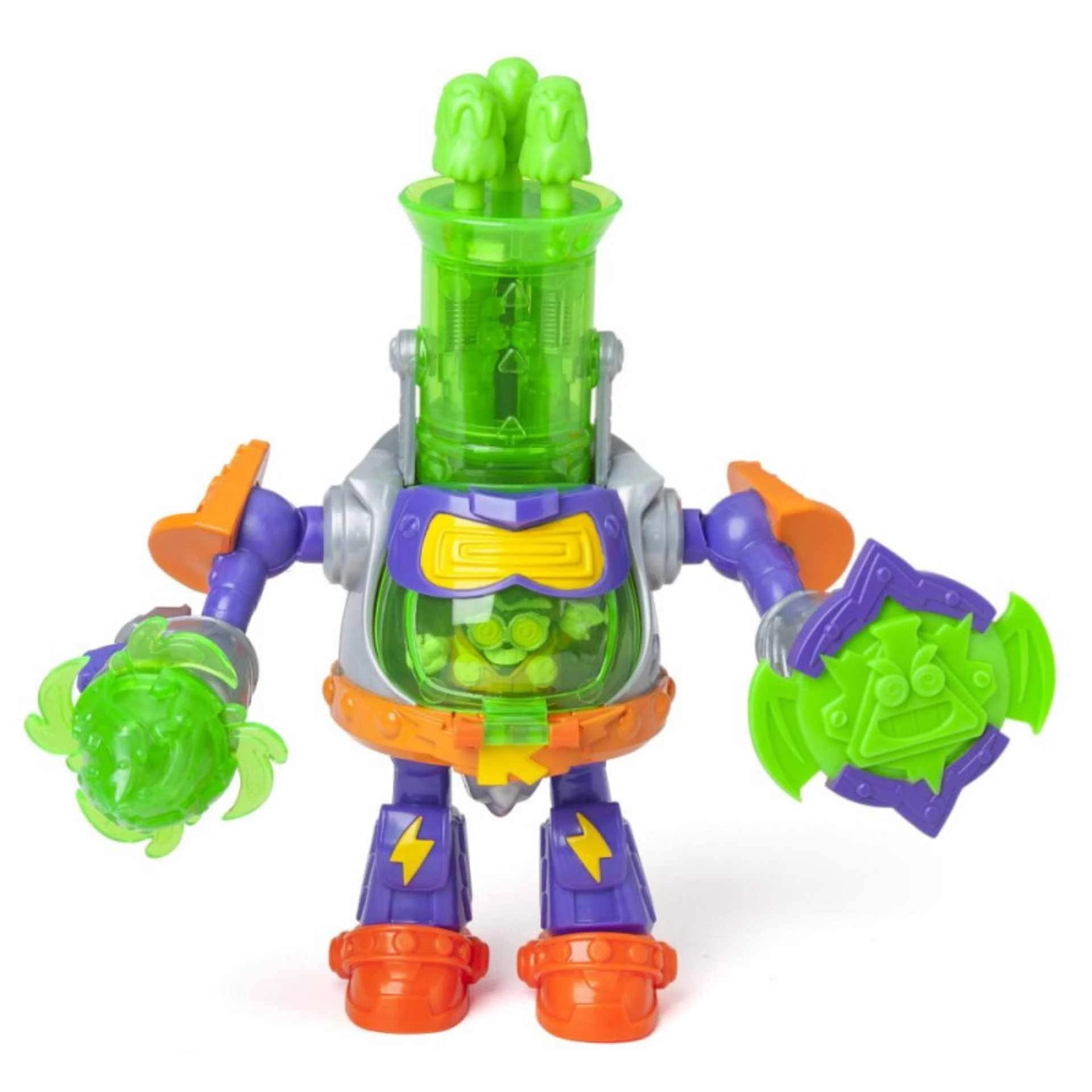 Un robot de juguete colorido con componentes verdes, naranjas, morados y plateados.