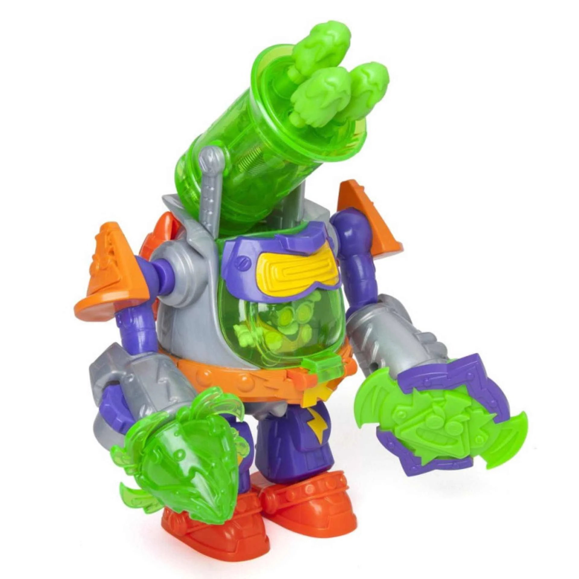 Un juguete robot colorido con varios accesorios verdes y morados.