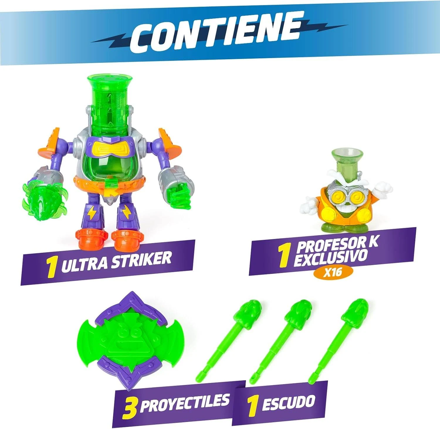 Juego de juguetes con robot, figura de personaje, escudo y proyectiles.
