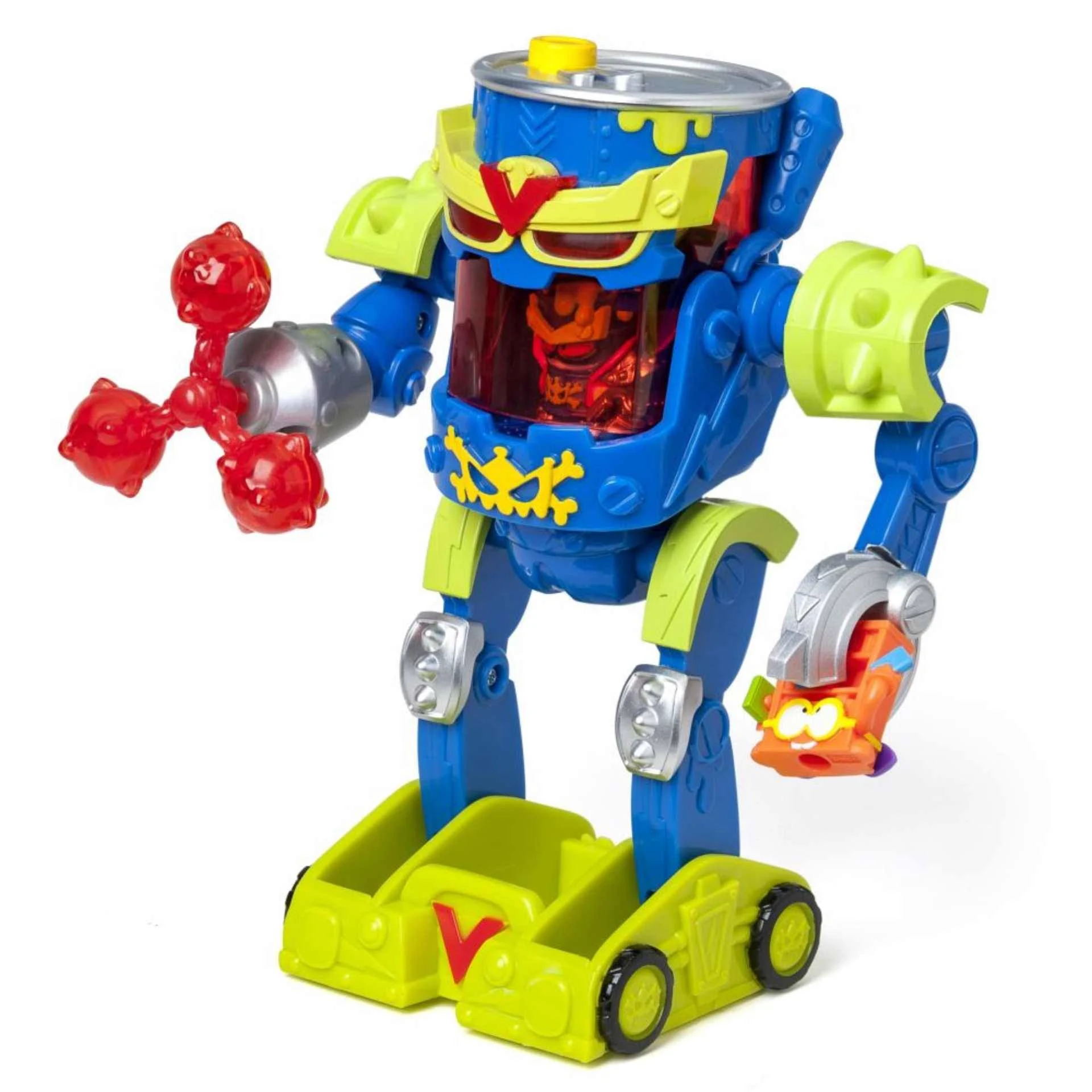 Juguete robot azul y amarillo con mano de hélice roja. Basurero naranja en la otra mano.