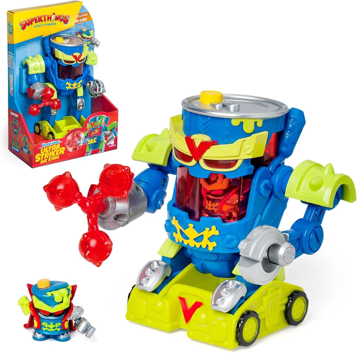 Robot de juguete azul y amarillo con hélice roja, juguete pequeño y caja.