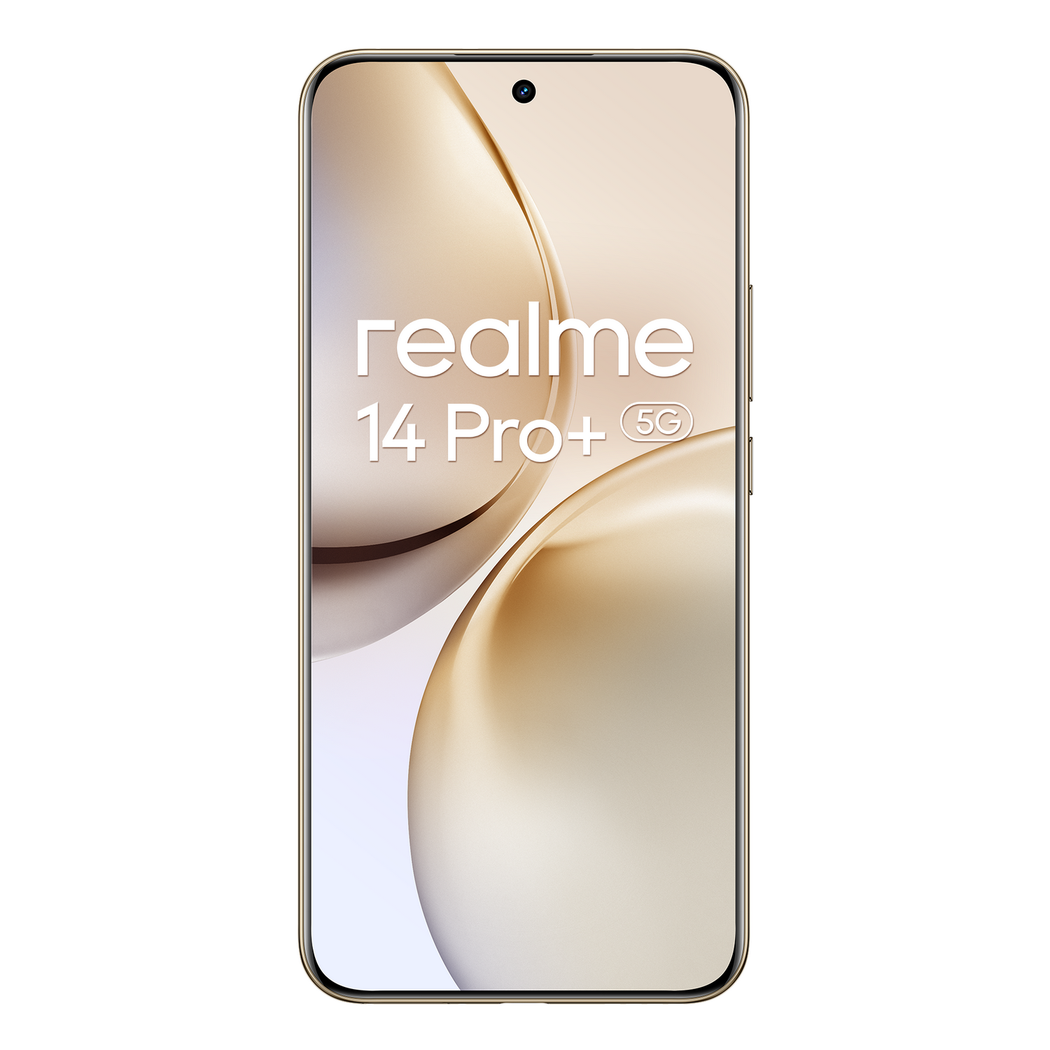 Un smartphone con marco dorado y pantalla grande. La pantalla muestra un degradado dorado.