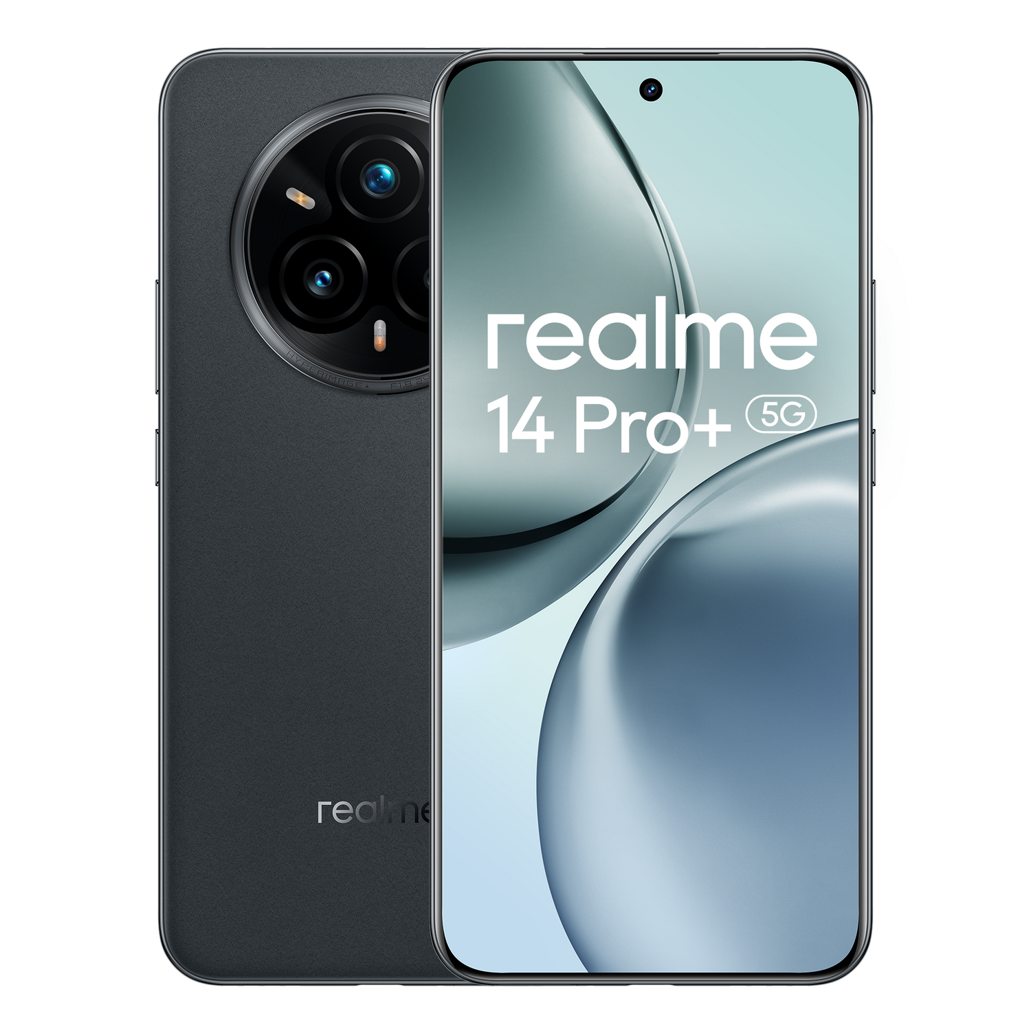 Teléfono Realme 14 Pro+ 5G en color negro, con tres cámaras.