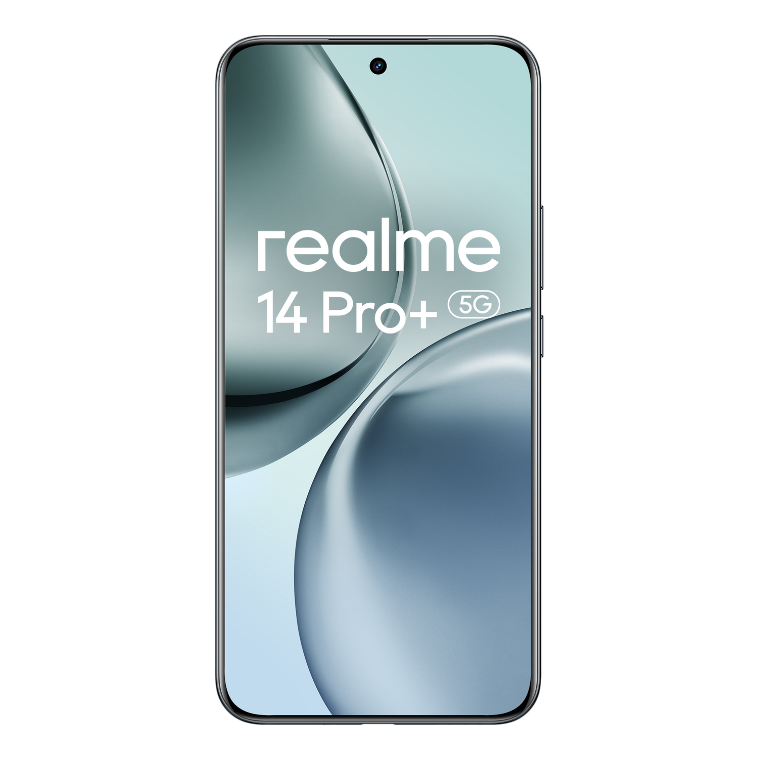 Vista frontal del smartphone Realme 14 Pro+ 5G sobre fondo claro con formas acuáticas.