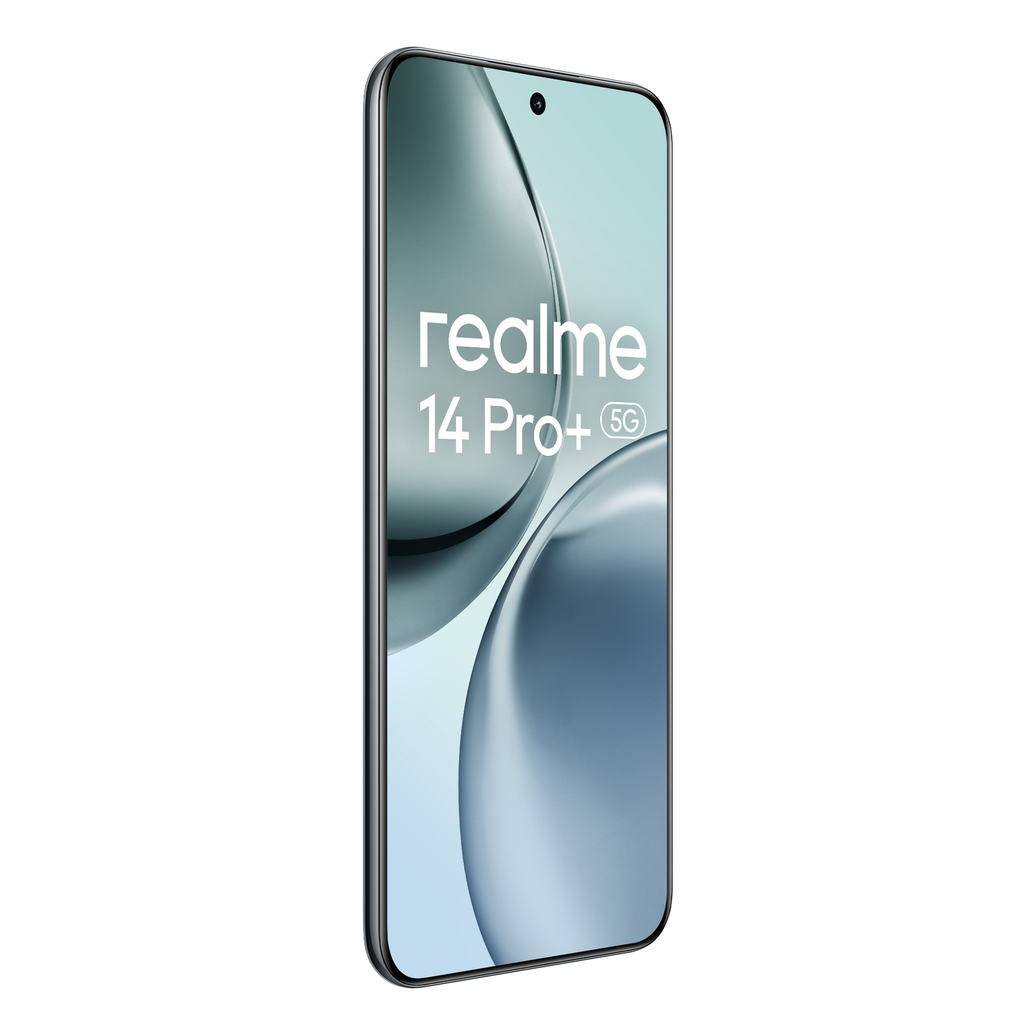 Teléfono Realme, marco plateado, pantalla negra y fondo azul claro.