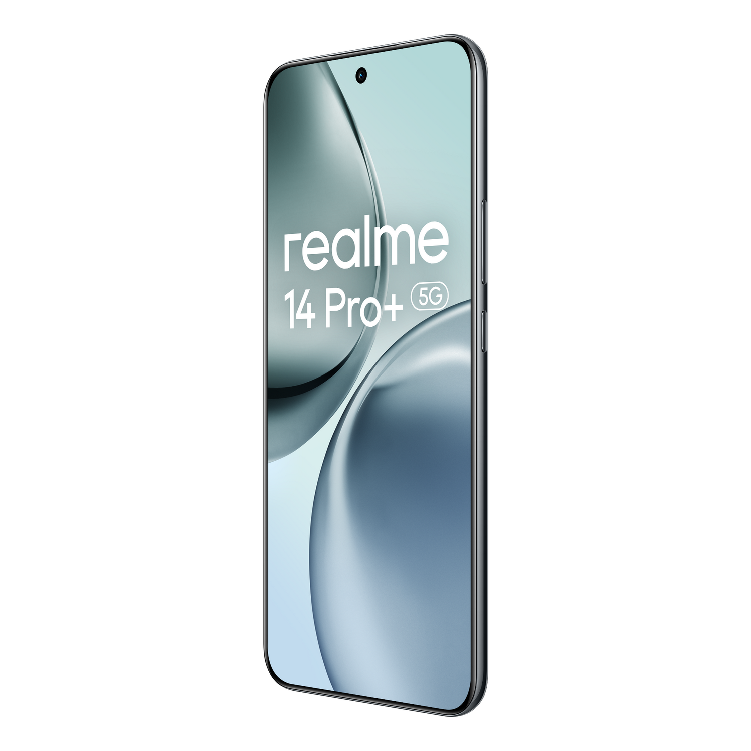Un smartphone Realme 14 Pro+ 5G, plateado, con pantalla curva y cámara frontal.