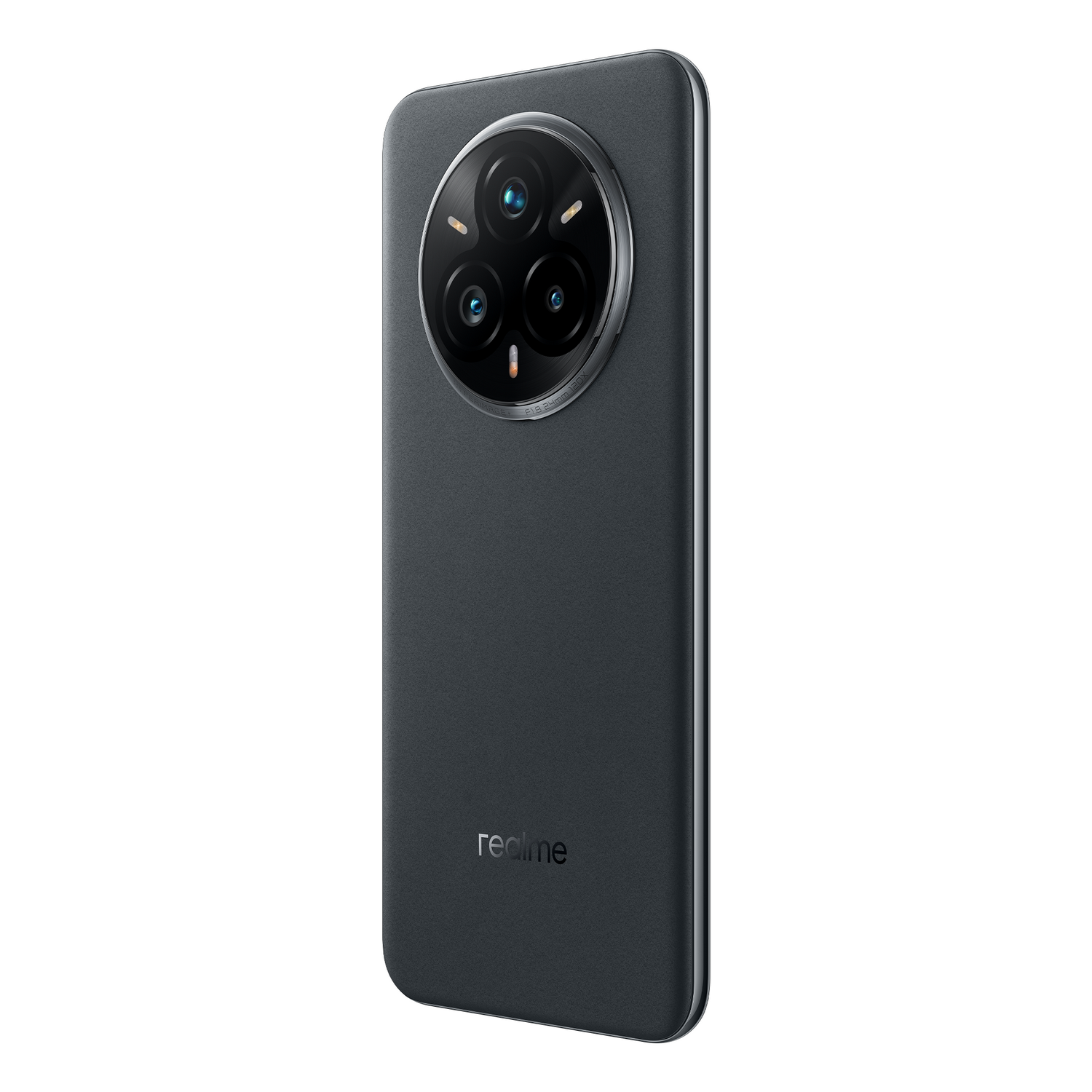 Smartphone gris oscuro con tres cámaras traseras. Logotipo de Realme en la parte posterior.