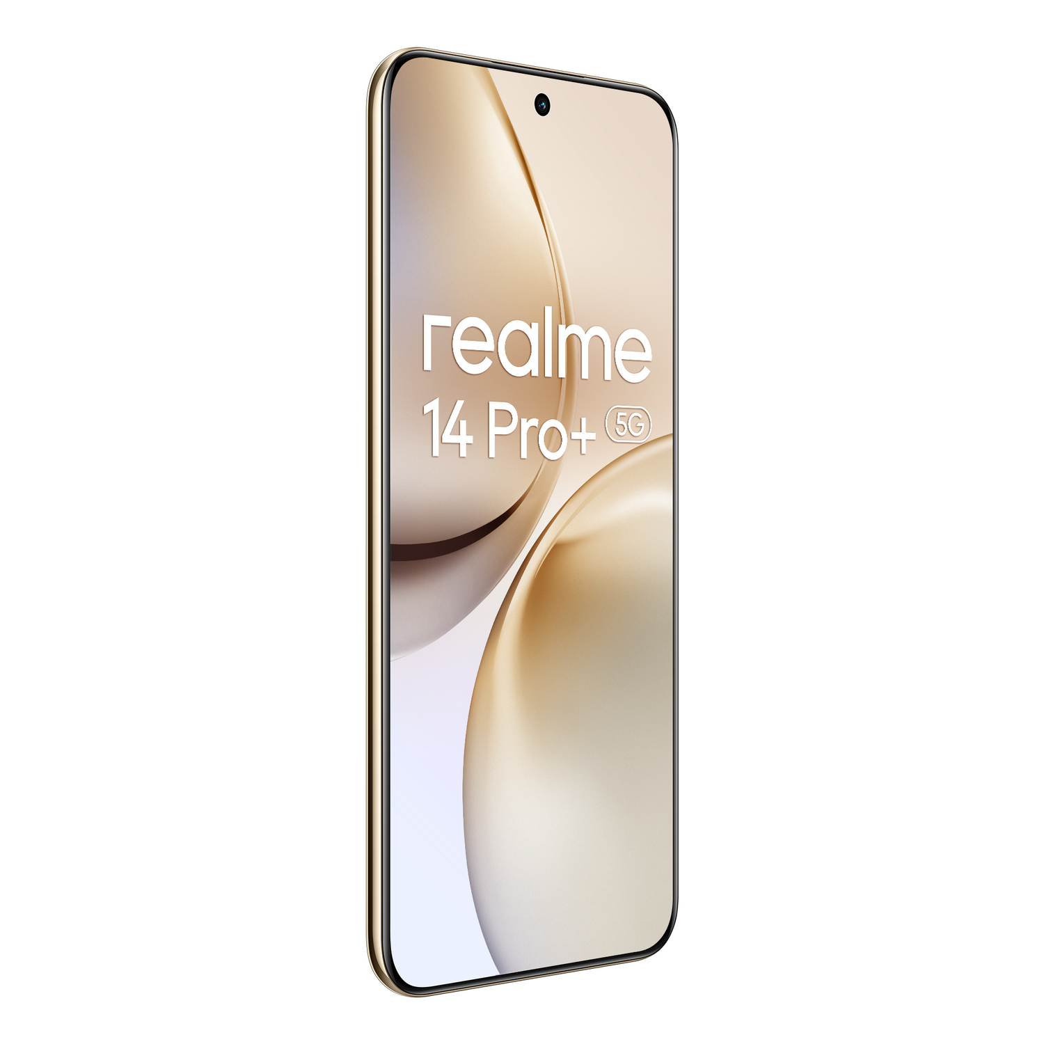 Teléfono inteligente dorado, vista en ángulo, fondo blanco. Pantalla muestra texto: realme 14 Pro+ 5G.