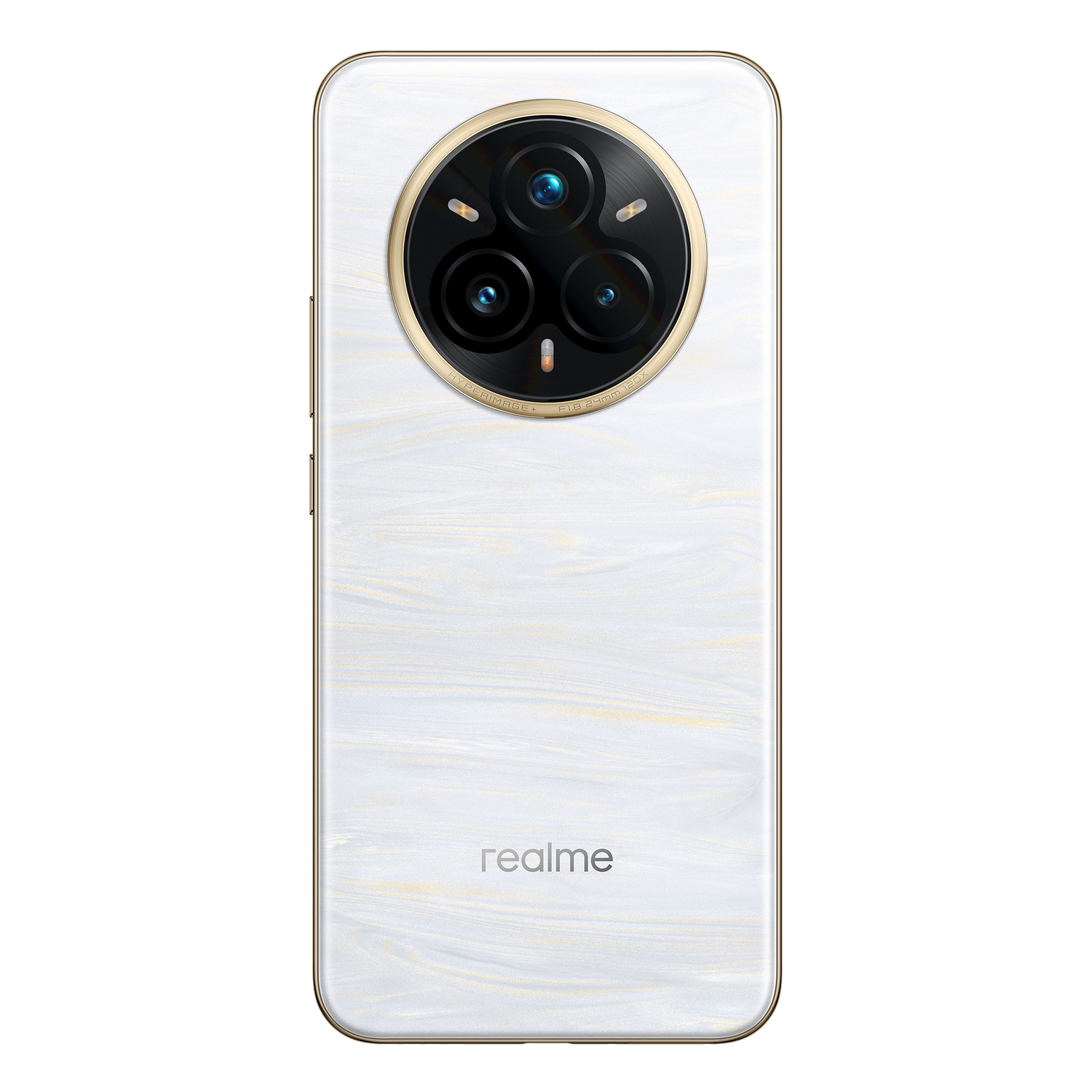 Vista trasera de un teléfono inteligente blanco con borde dorado y tres lentes de cámara.