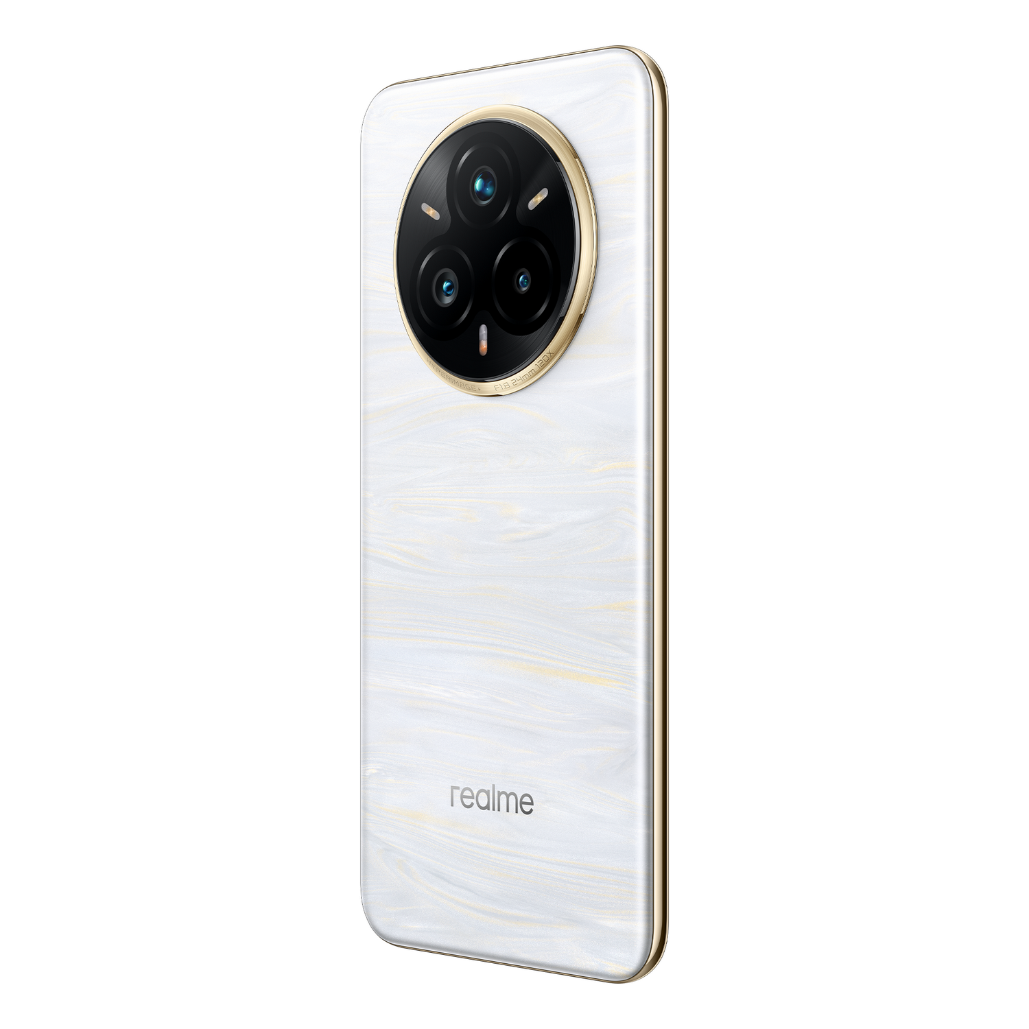 Un smartphone blanco con triple cámara y un anillo dorado para la cámara.