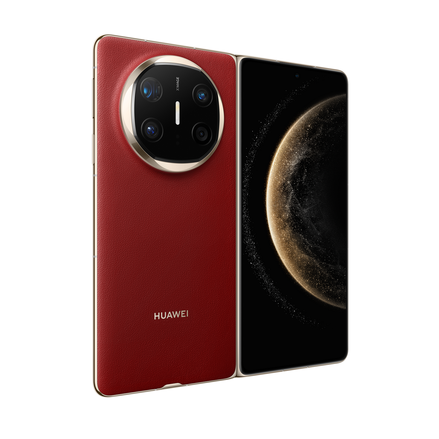 Teléfono plegable Huawei rojo, abierto, mostrando la pantalla y la cámara.
