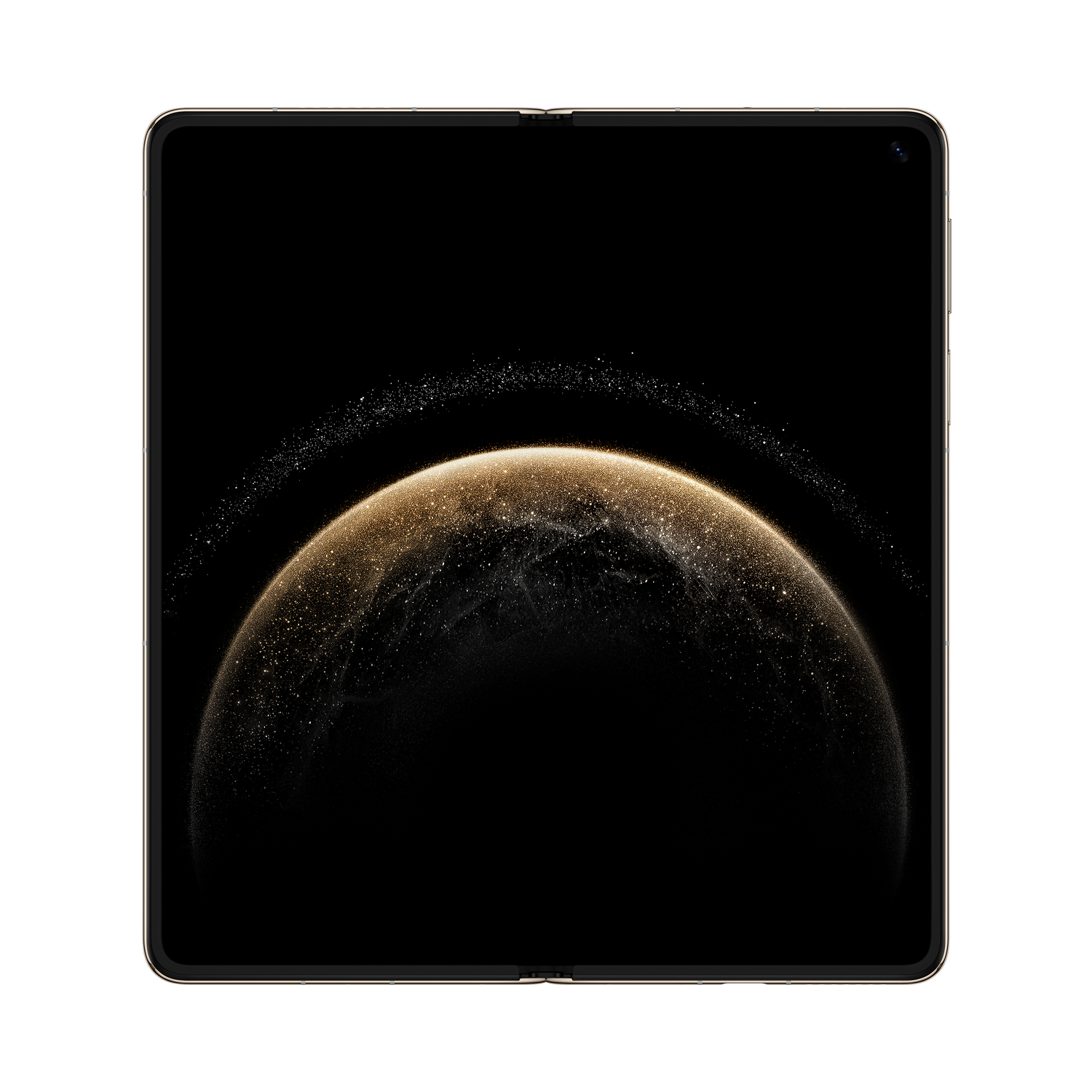 Tableta plegable con una pantalla negra que muestra un diseño brillante y dorado.