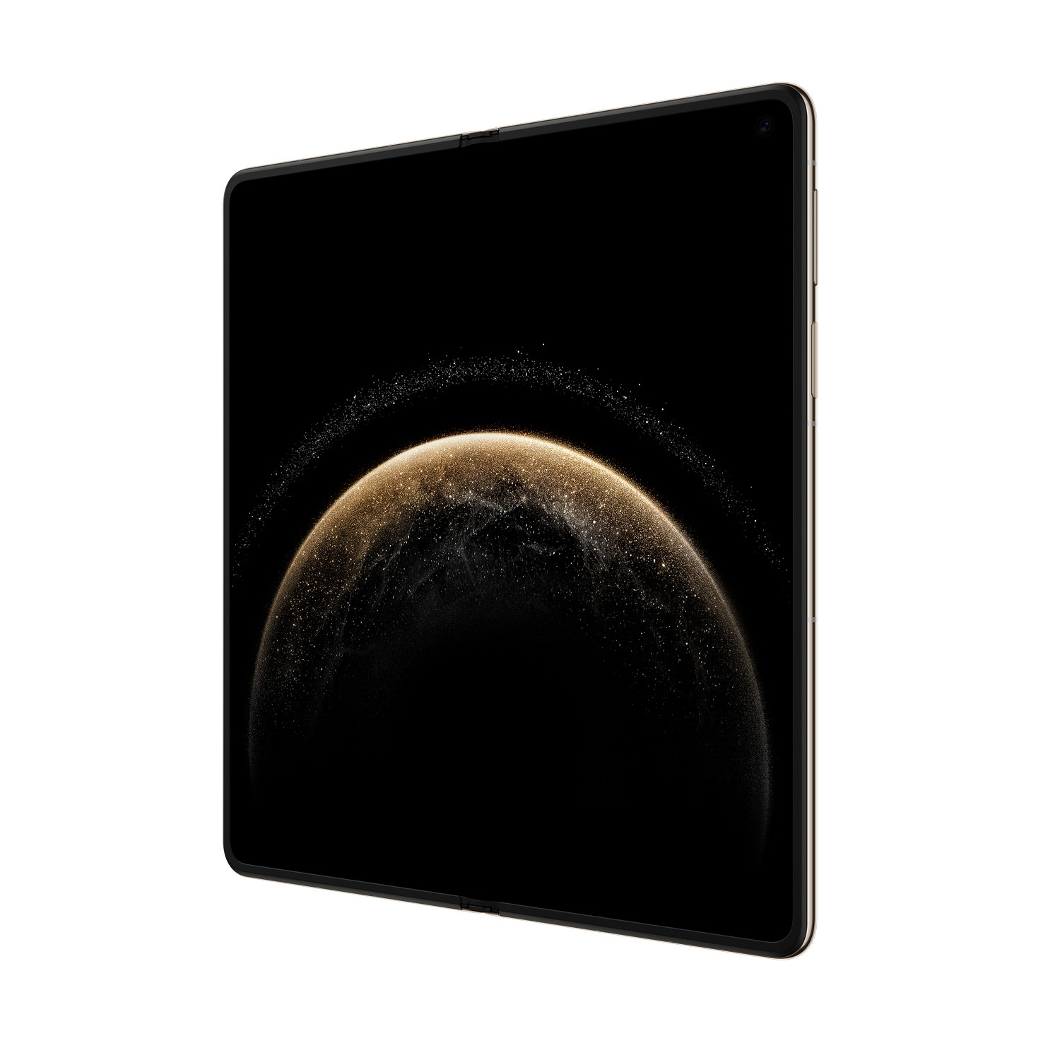 Smartphone plegable, con una pantalla que muestra una imagen dorada similar a un planeta sobre un fondo negro.