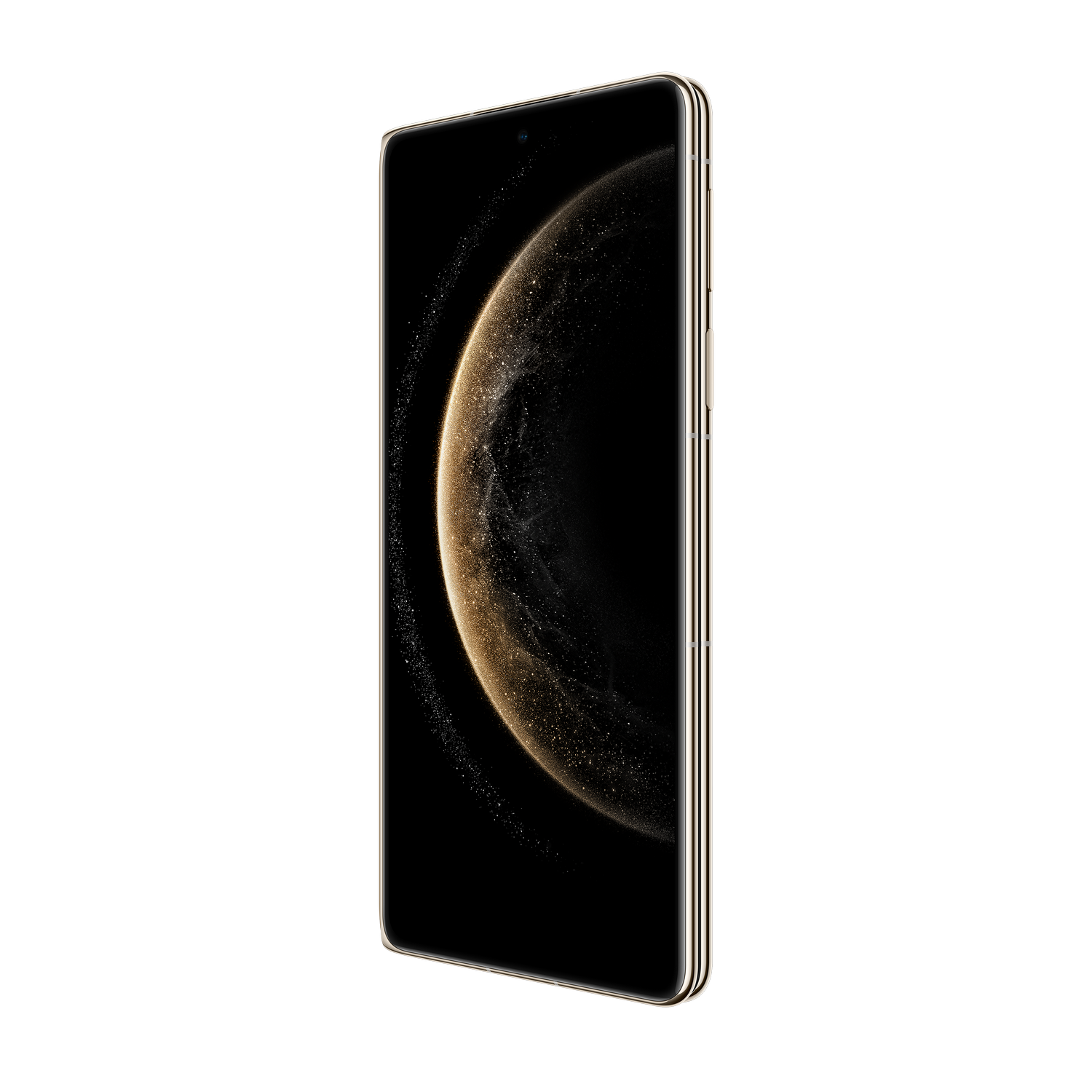 Smartphone, marco dorado, pantalla negra muestra una imagen de una galaxia.