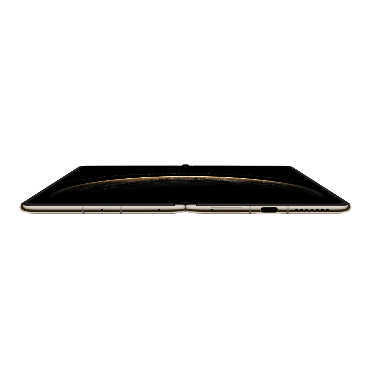 Teléfono plegable, abierto, color oro, pantalla negra muestra un diseño claro.