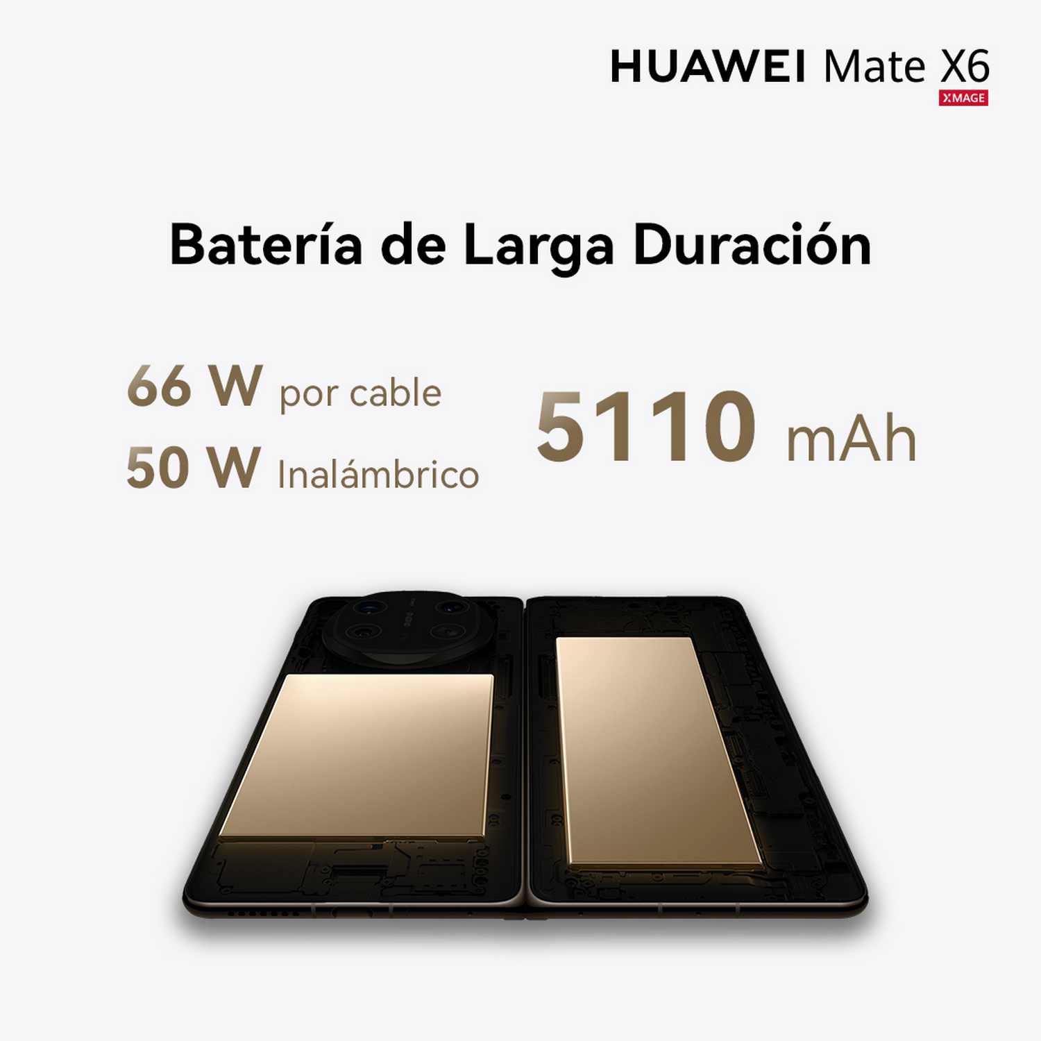 Teléfono HUAWEI Mate X6, abierto, que muestra la capacidad de la batería, carga con cable de 66W y inalámbrica de 50W.