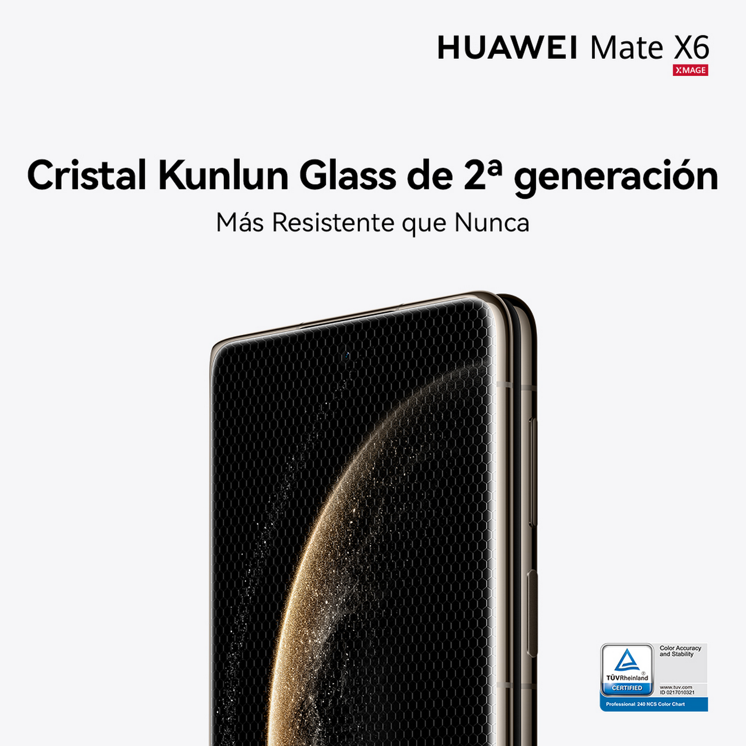 Primer plano de pantalla de teléfono con texto y marco dorado texturizado.