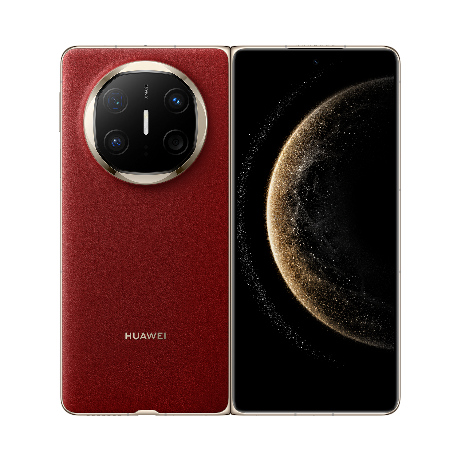 Teléfono plegable, cuero rojo, mostrando pantalla con gráfico de un planeta dorado. Fondo negro.