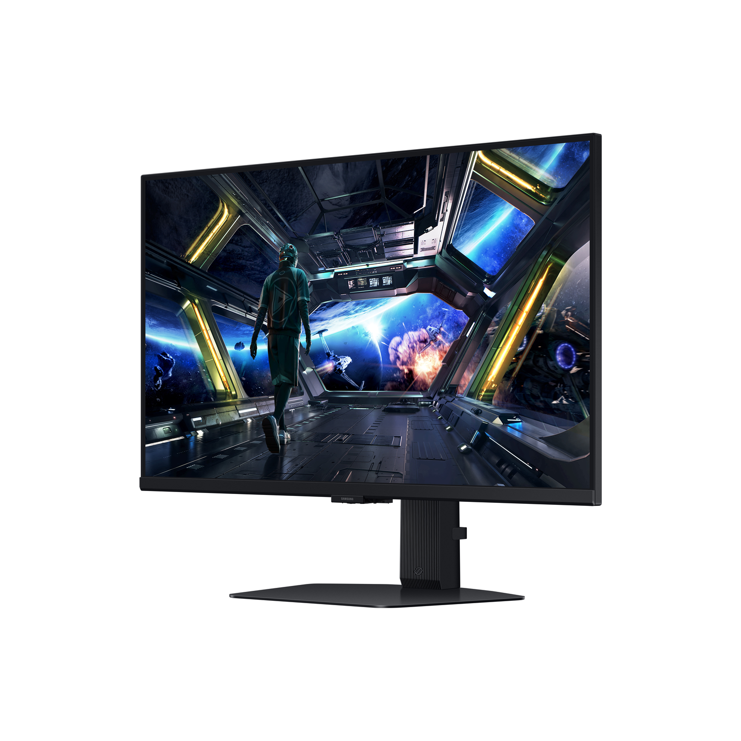 Un moniteur d'ordinateur affichant une scène spatiale futuriste, sur un support noir.