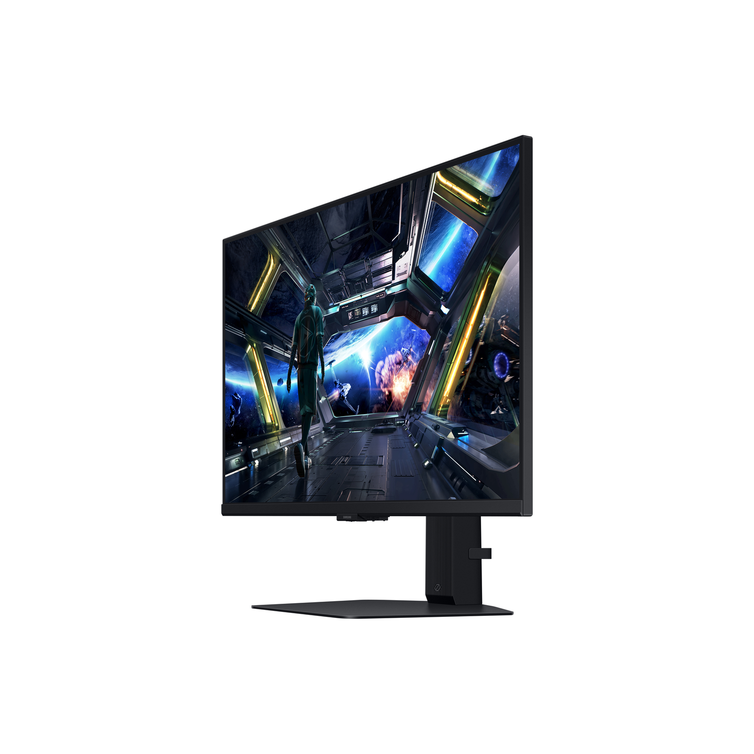 Un moniteur de jeu noir sur un support, affichant une scène futuriste.