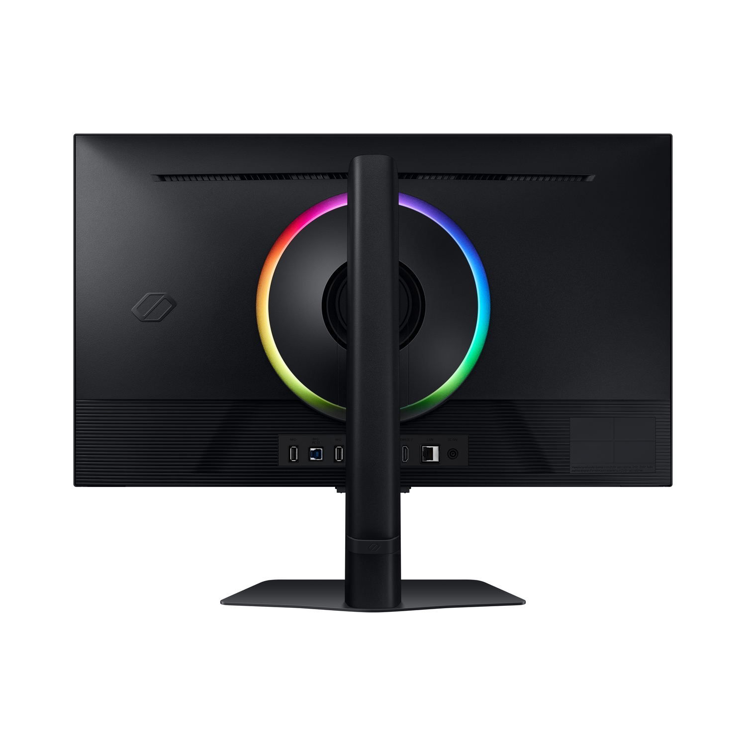 Moniteur d'ordinateur noir, vue arrière, avec anneau lumineux coloré et support.