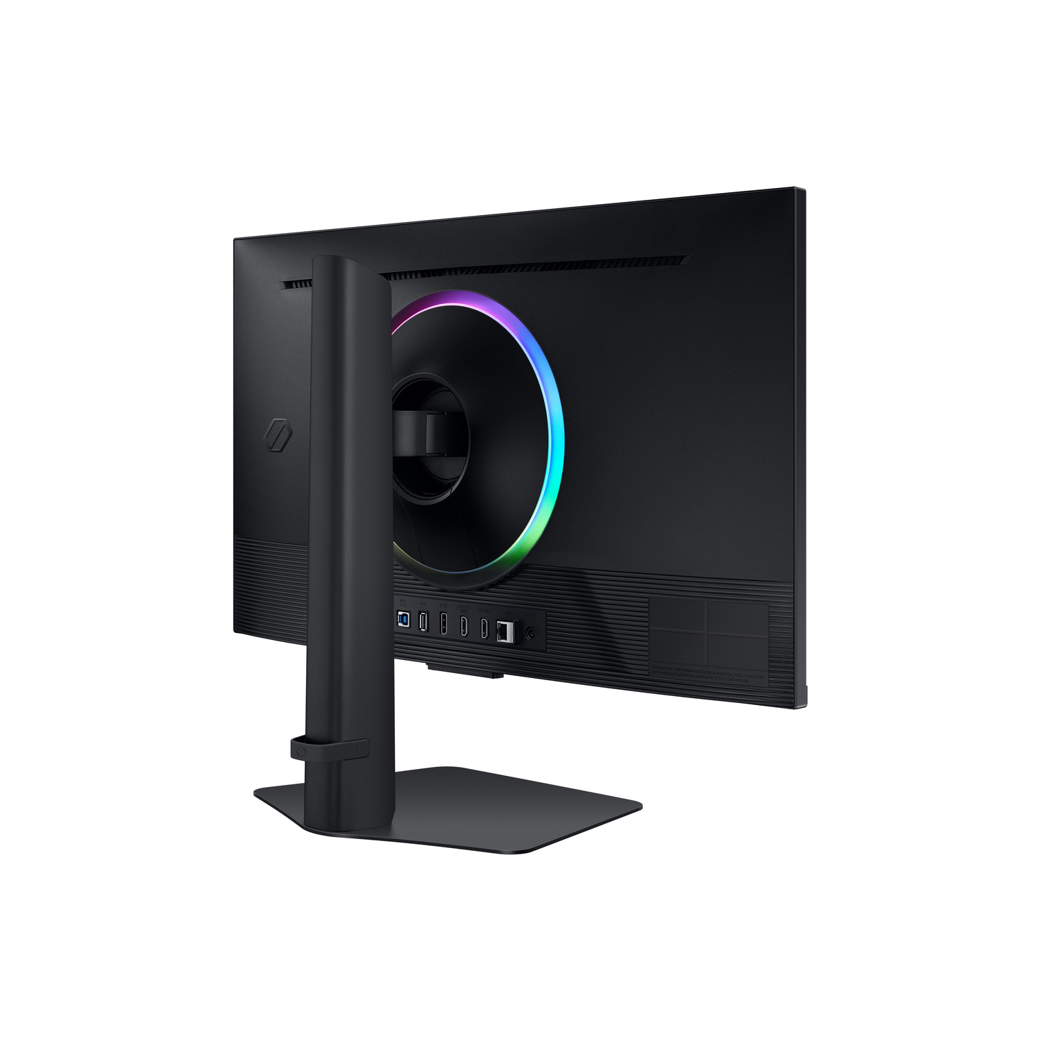 Arrière d'un moniteur avec une lumière annulaire colorée et des ports, sur un support noir.