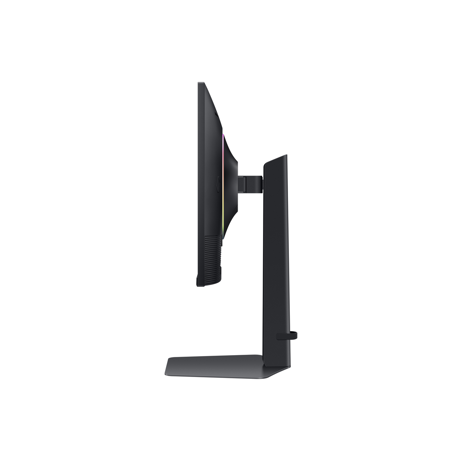 Vue latérale d'un moniteur noir avec support, accents de couleur et design élégant.