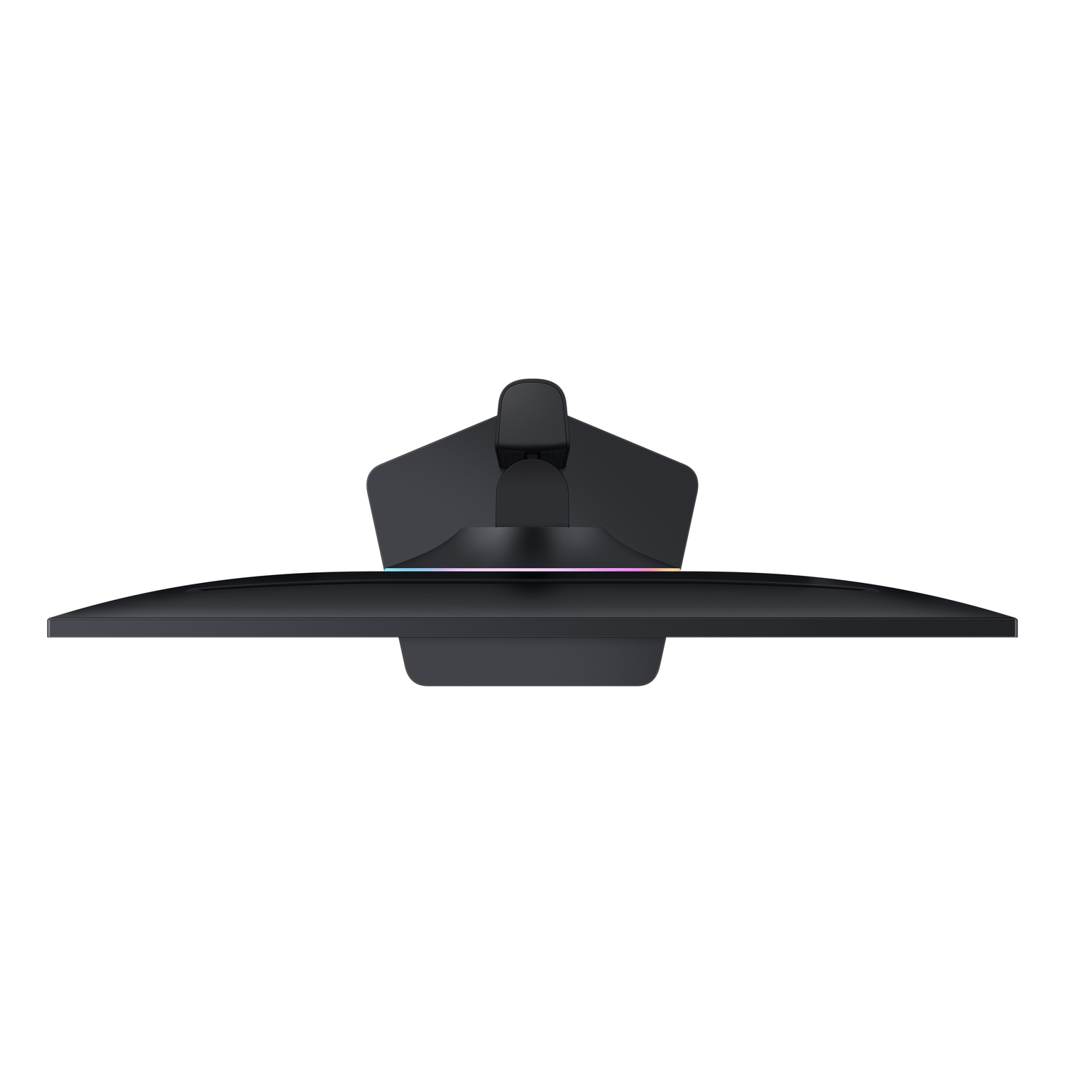 Un moniteur d'ordinateur noir, vu d'en haut, montrant un design élégant avec des lumières multicolores.