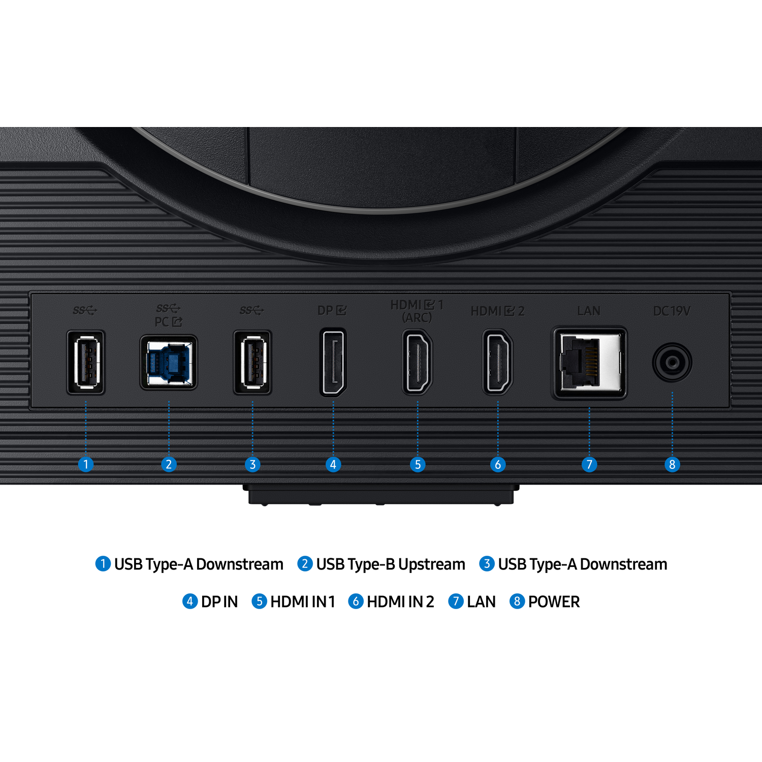 Arrière de l'écran, ports étiquetés : USB, DP, HDMI, LAN, DC 19V.