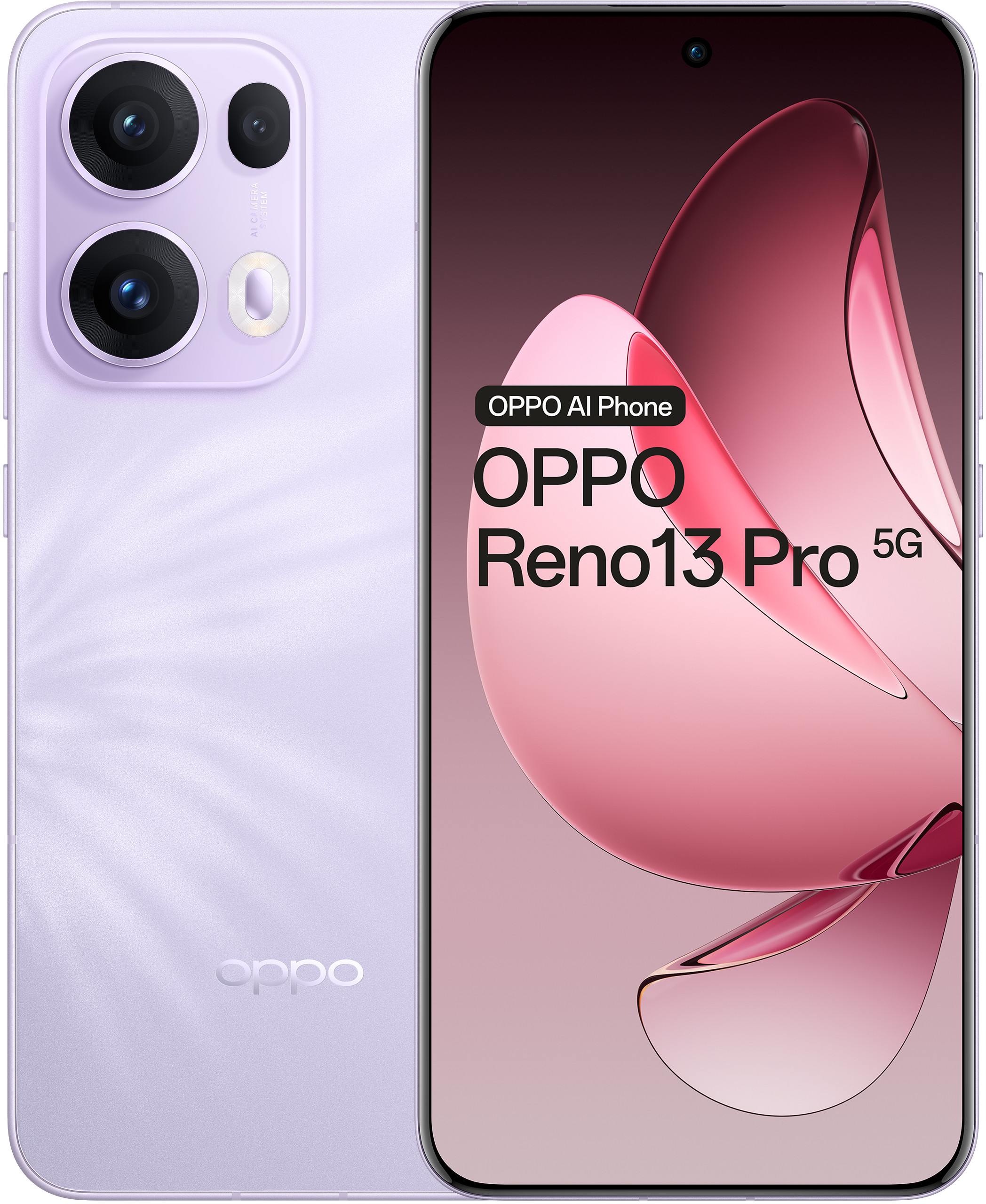 Fioletowy smartfon Oppo Reno13 Pro 5G, z dwukolorowym tyłem i dużym ekranem.