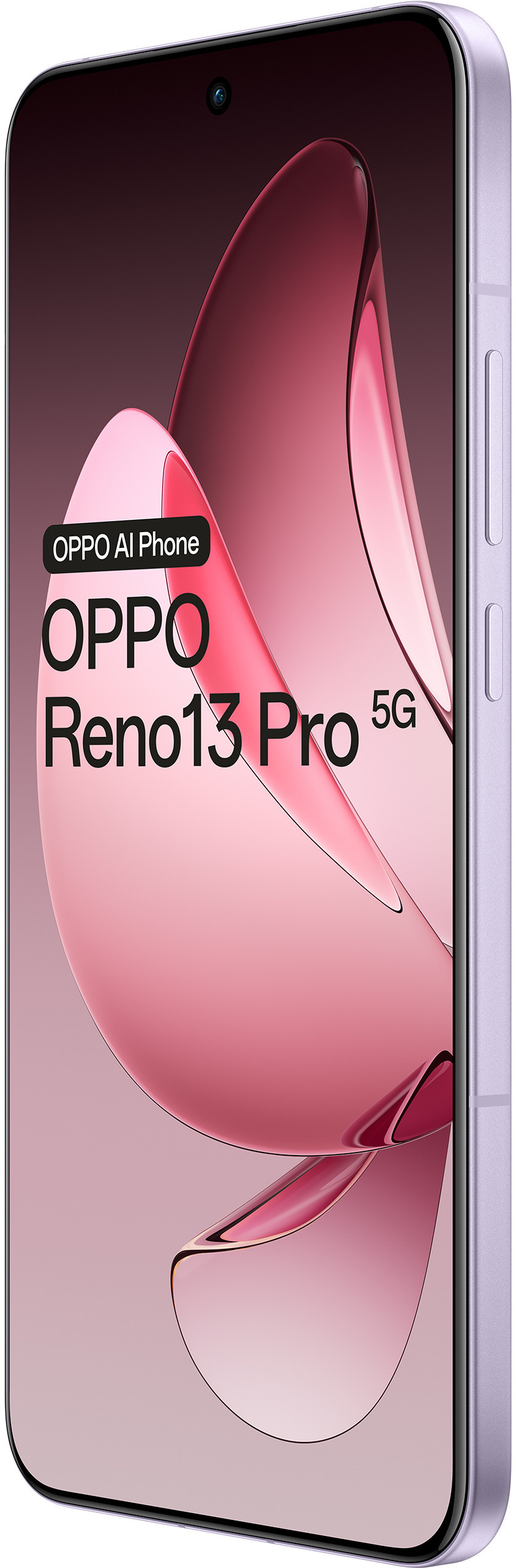 Fioletowy telefon Oppo, Reno13 Pro 5G. Pokazuje abstrakcyjny różowo-fioletowy wzór na ekranie.