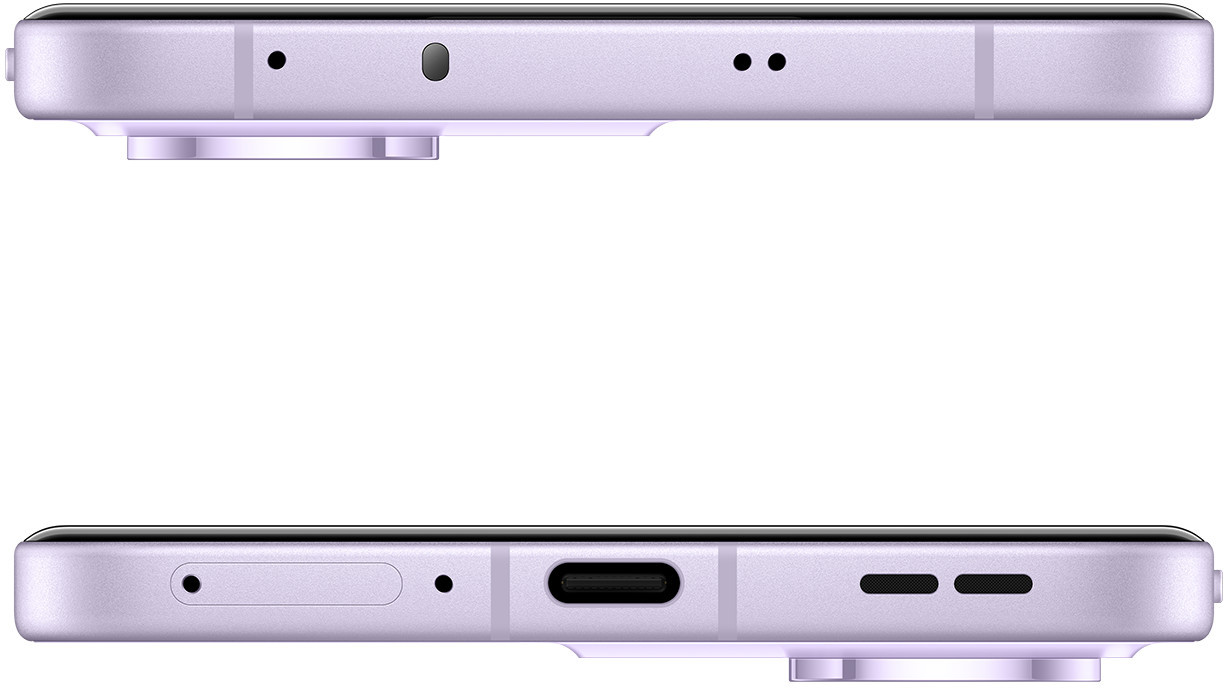 Fioletowy telefon z płaską krawędzią. Pokazano górną i dolną krawędź.