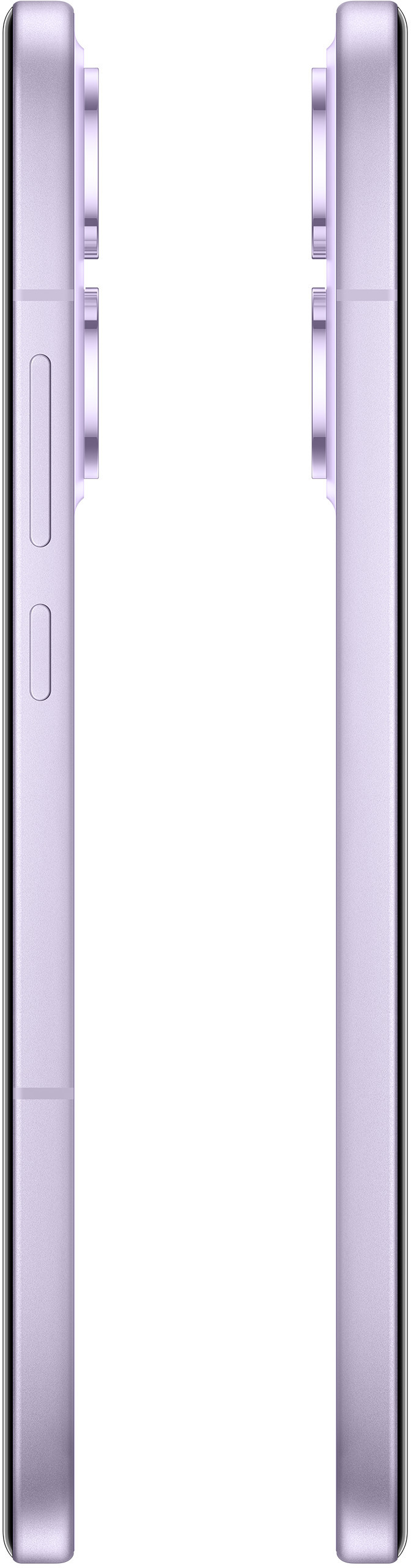 Dwa widoki z boku fioletowego smartfona. Przyciski i układ kamery są widoczne po bokach.