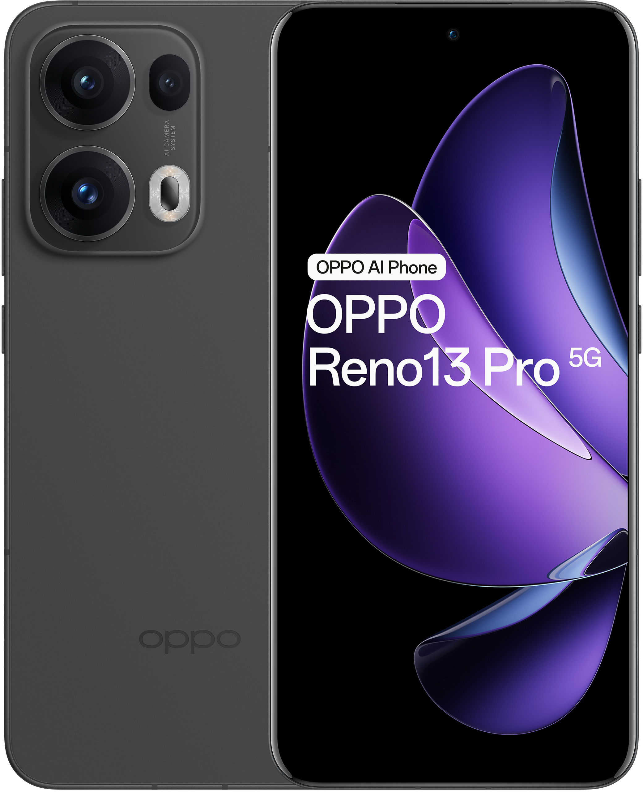 Smartfon pokazujący Oppo Reno13 Pro 5G z ciemnoszarym tyłem i aparatami.