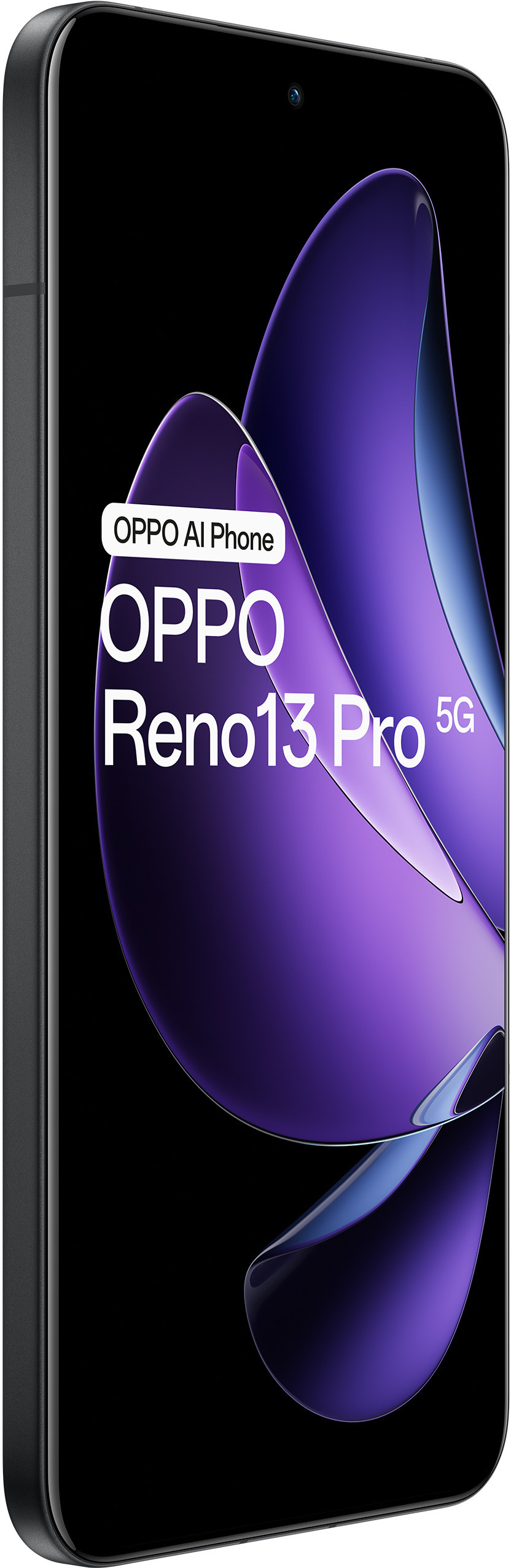 Czarny telefon Oppo Reno 13 Pro 5G, pochylony, wyświetlający ekran z logo.