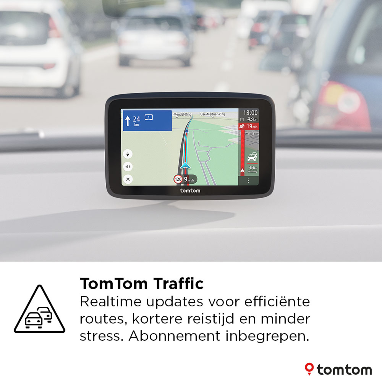 GPS device in a car, displaying a navigation route with text overlay.