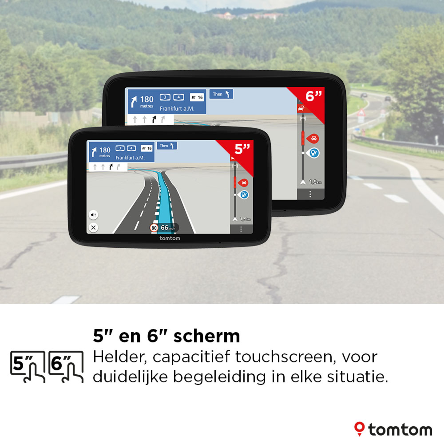 Two navigation devices, one 5" and one 6", with a road map display.