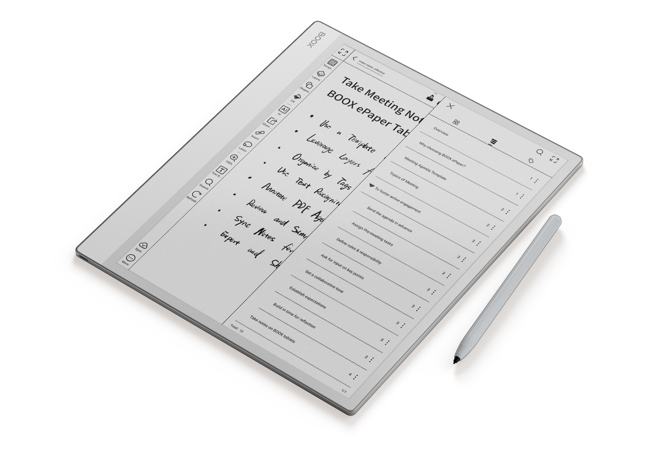 BOOX ePaper tablet tollal sötét háttéren, értekezleti jegyzet oldalt mutat.