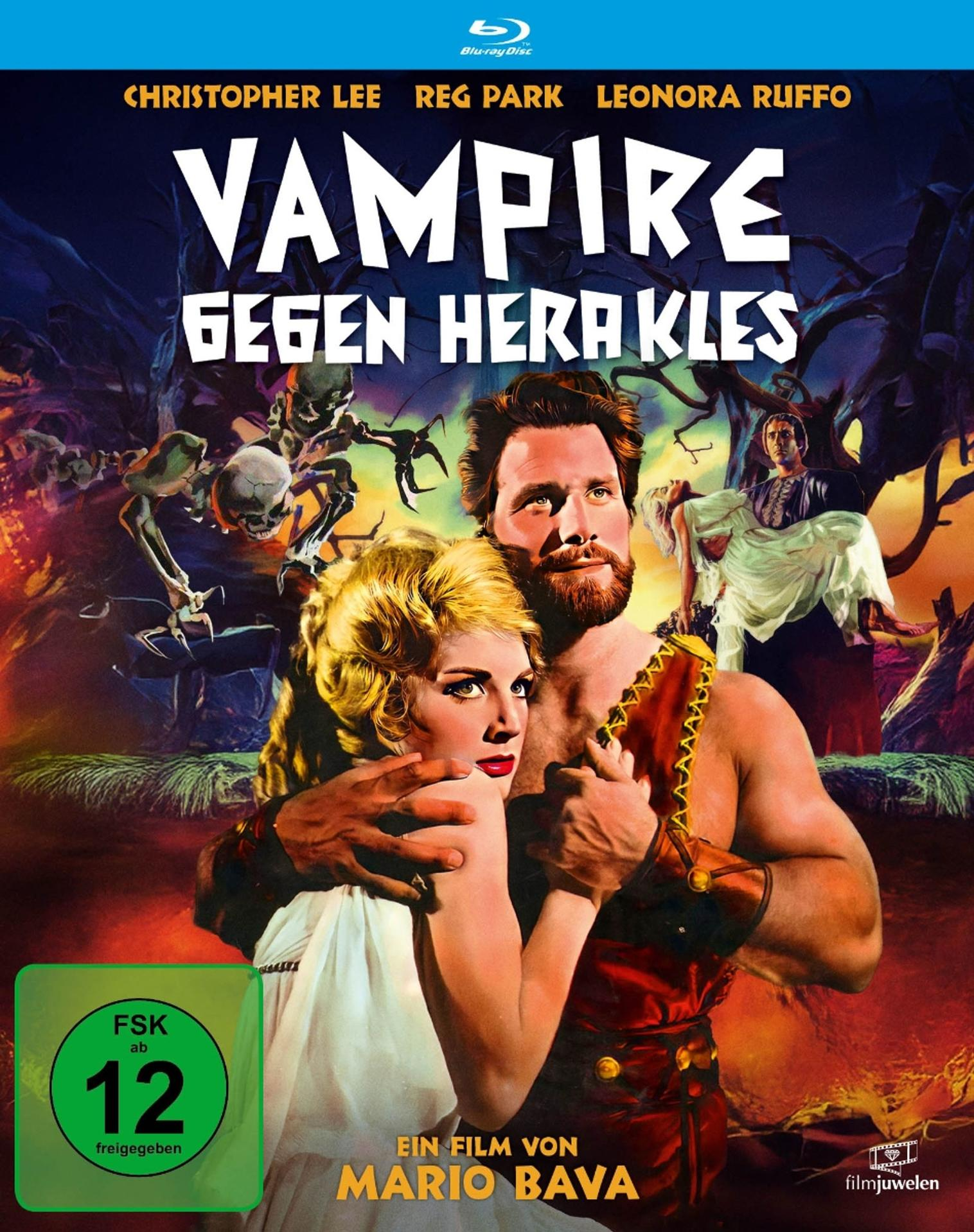 Filmposter für 'Vampire vs. Hercules'. Enthält einen Mann und eine Frau, Skelette, Text und Logos.