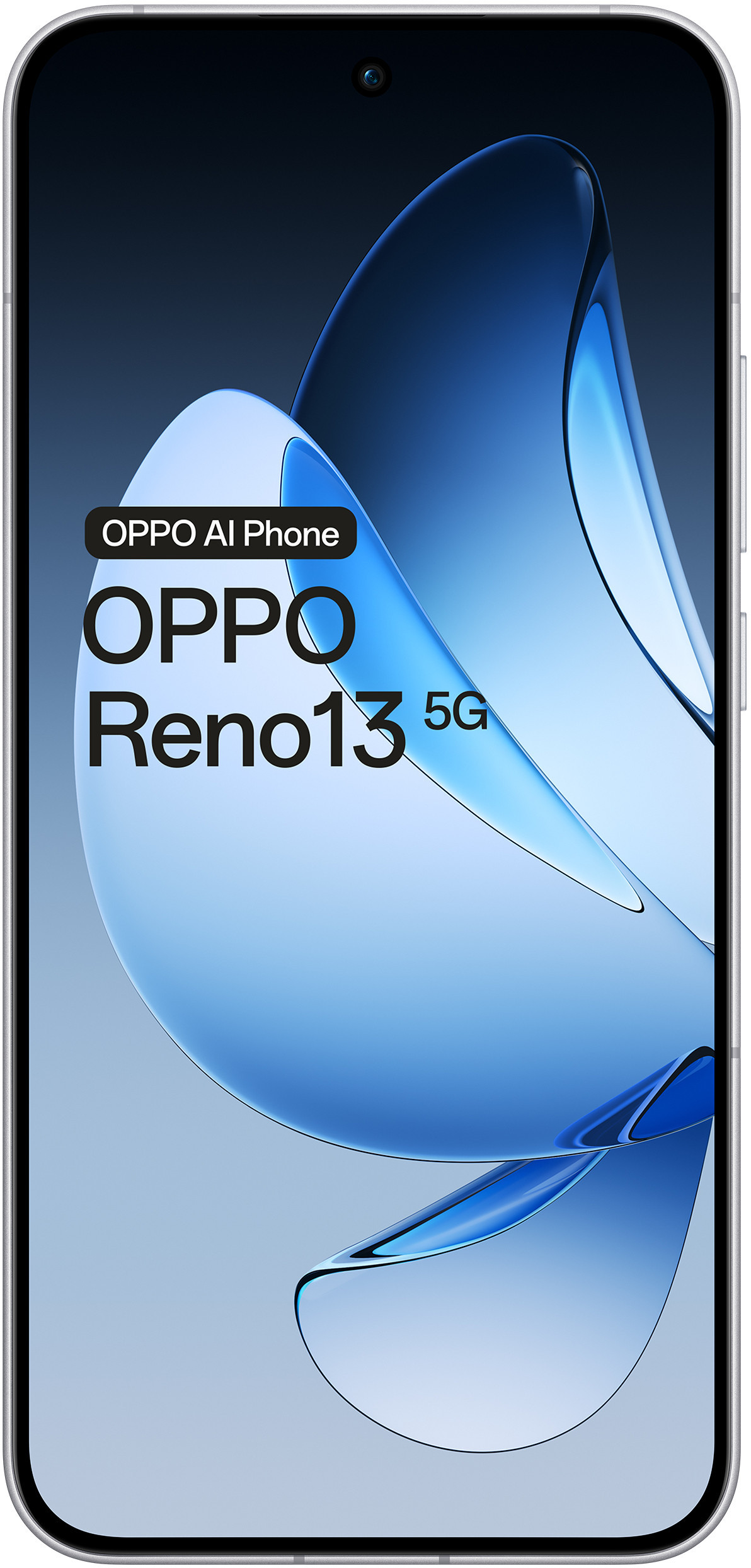 Czarny smartfon z zakrzywionym wyświetlaczem, pokazujący logo OPPO Reno 13 5G.
