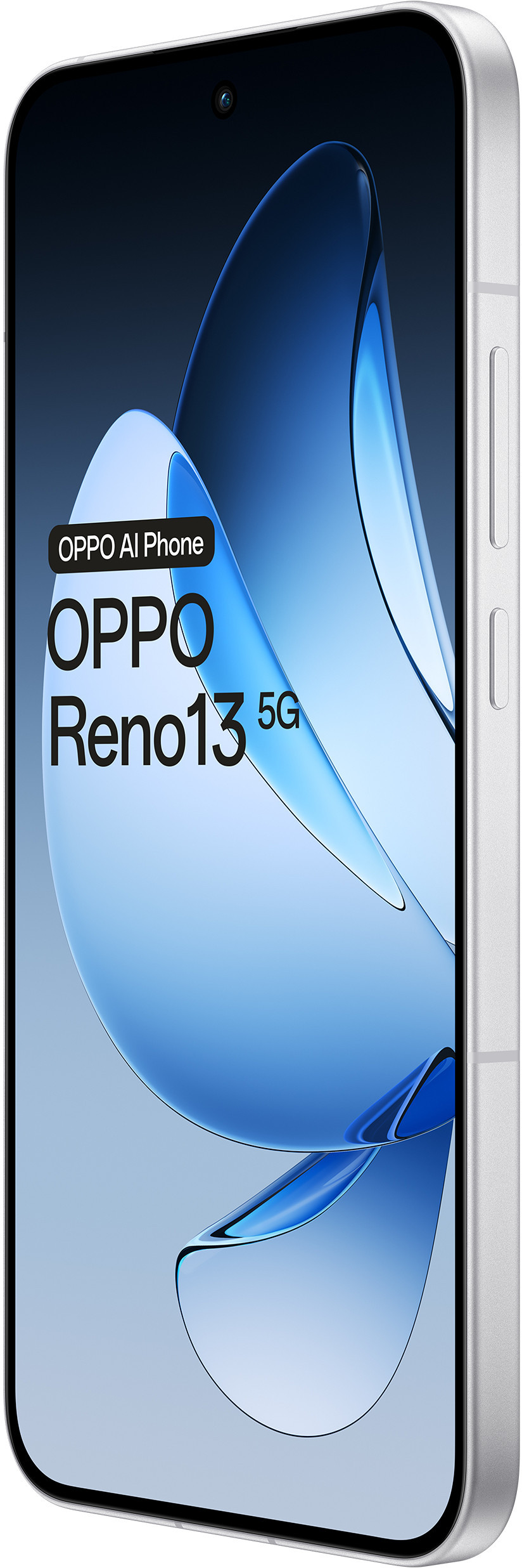 Smartfon ze srebrną ramką i niebiesko-białym obrazem na ekranie.