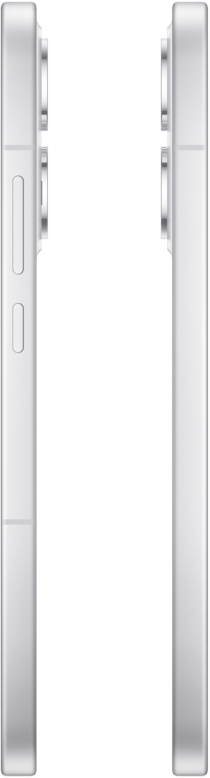 Dwa widoki z boku białego smartfona, pokazujące obiektywy aparatu i boczne przyciski.