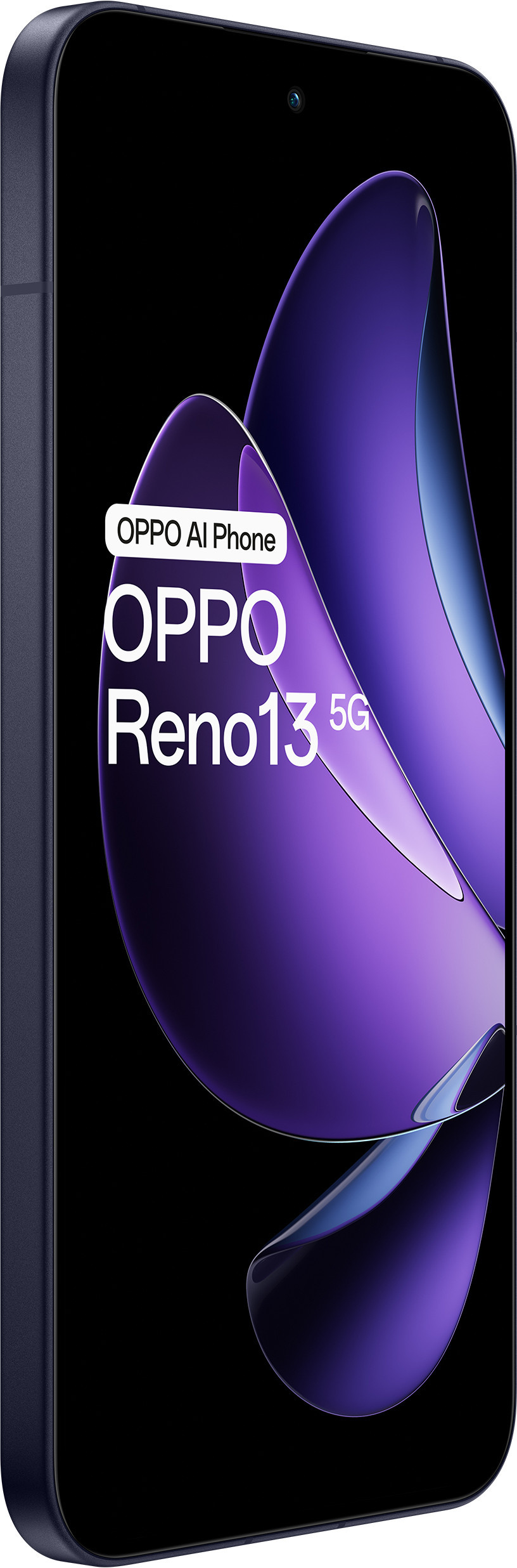 Ciemnoniebieski telefon OPPO Reno13 5G z fioletowym wzorem na ekranie.