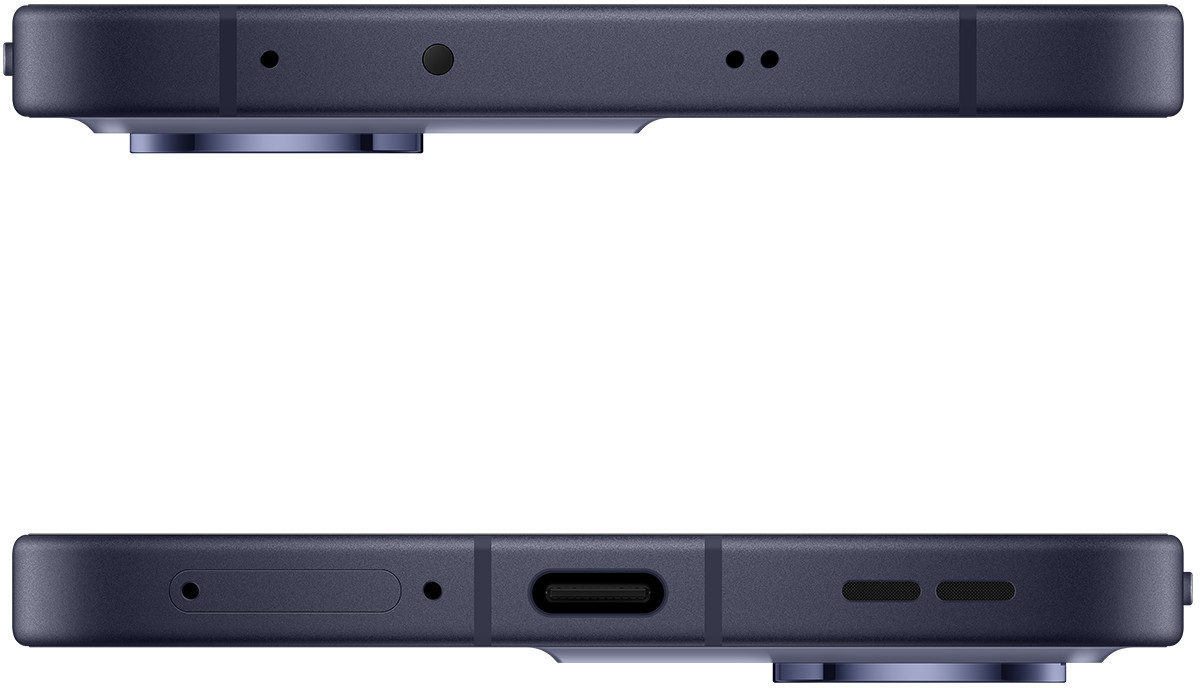 Zbliżenie górnej i dolnej krawędzi granatowego smartfona Oppo.